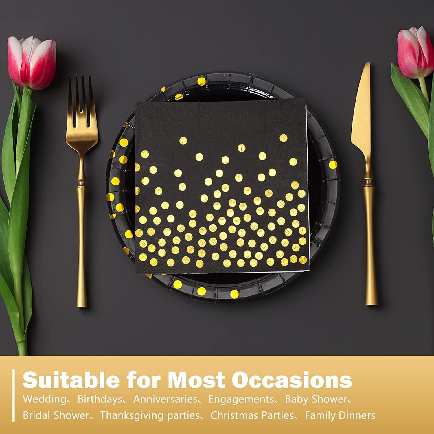 Platos de papel negro y dorado, paquete de 50 unidades, 25 platos de papel de 7 pulgadas y 25 servilletas de 6.5 pulgadas, platos de papel negro y
