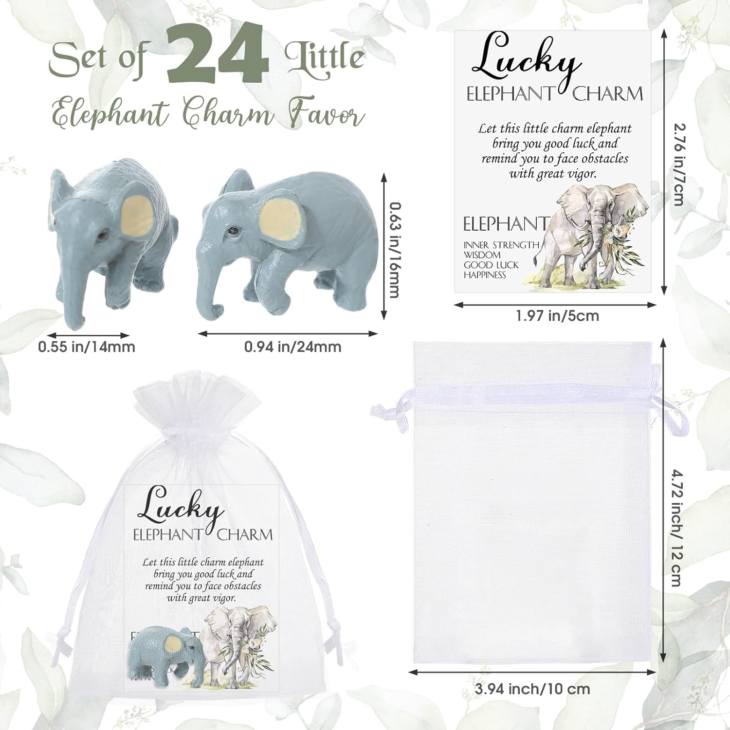 24 juegos de regalos de buena suerte, dijes de elefante pequeño con tarjeta de historia y bolsas de regalo, 24 figuras de elefante en miniatura de