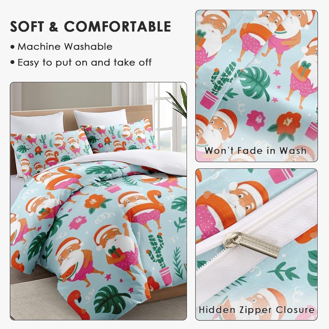 Juego de funda de edredón, diseño tropical de Papá Noel de Navidad para niños y adultos, decoración de dormitorio, juego de funda de edredón con