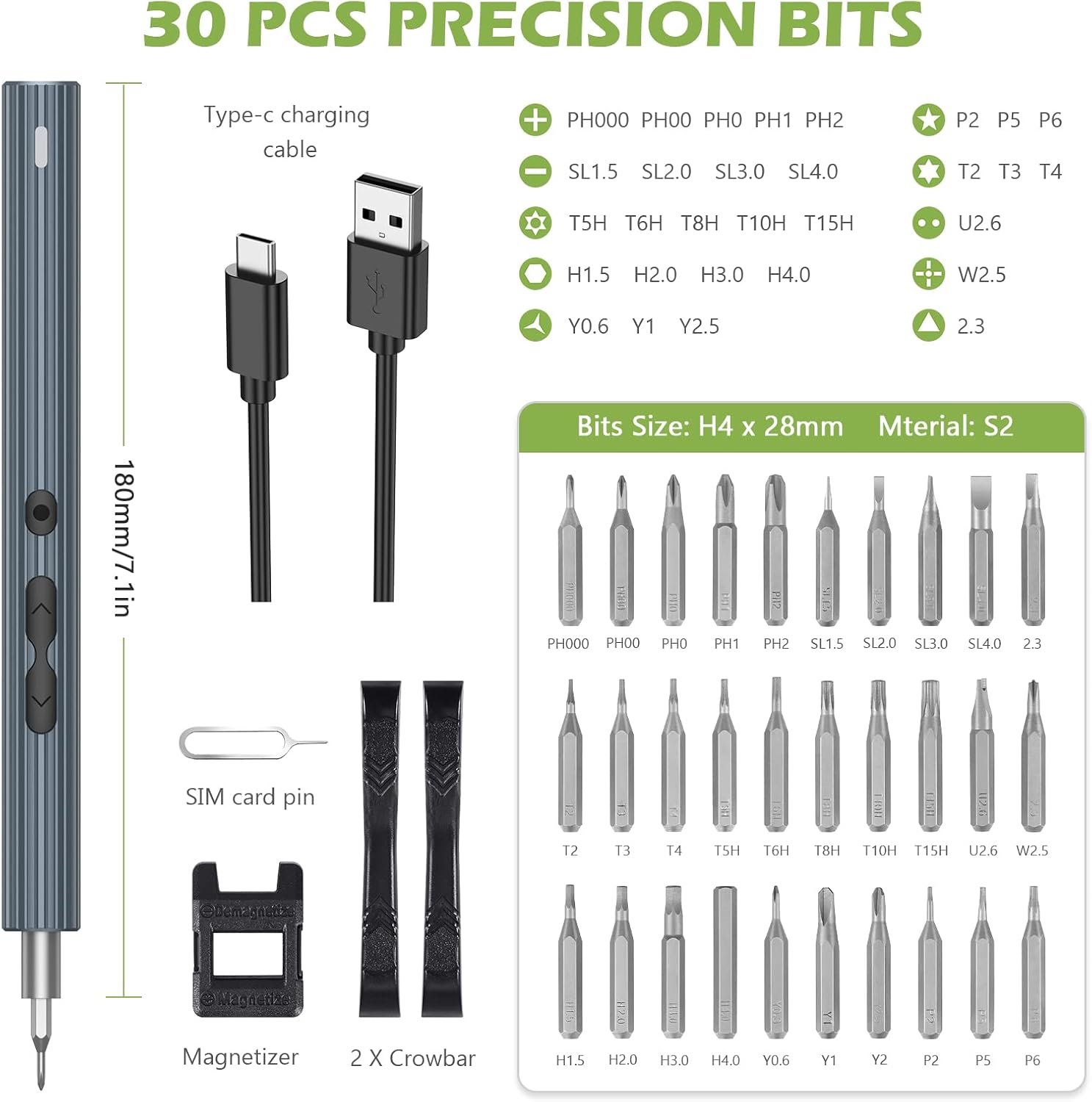 KeeKit Destornillador eléctrico de precisión, destornillador eléctrico portátil 36 en 1 con 30 bits, kits de herramientas de reparación recargables