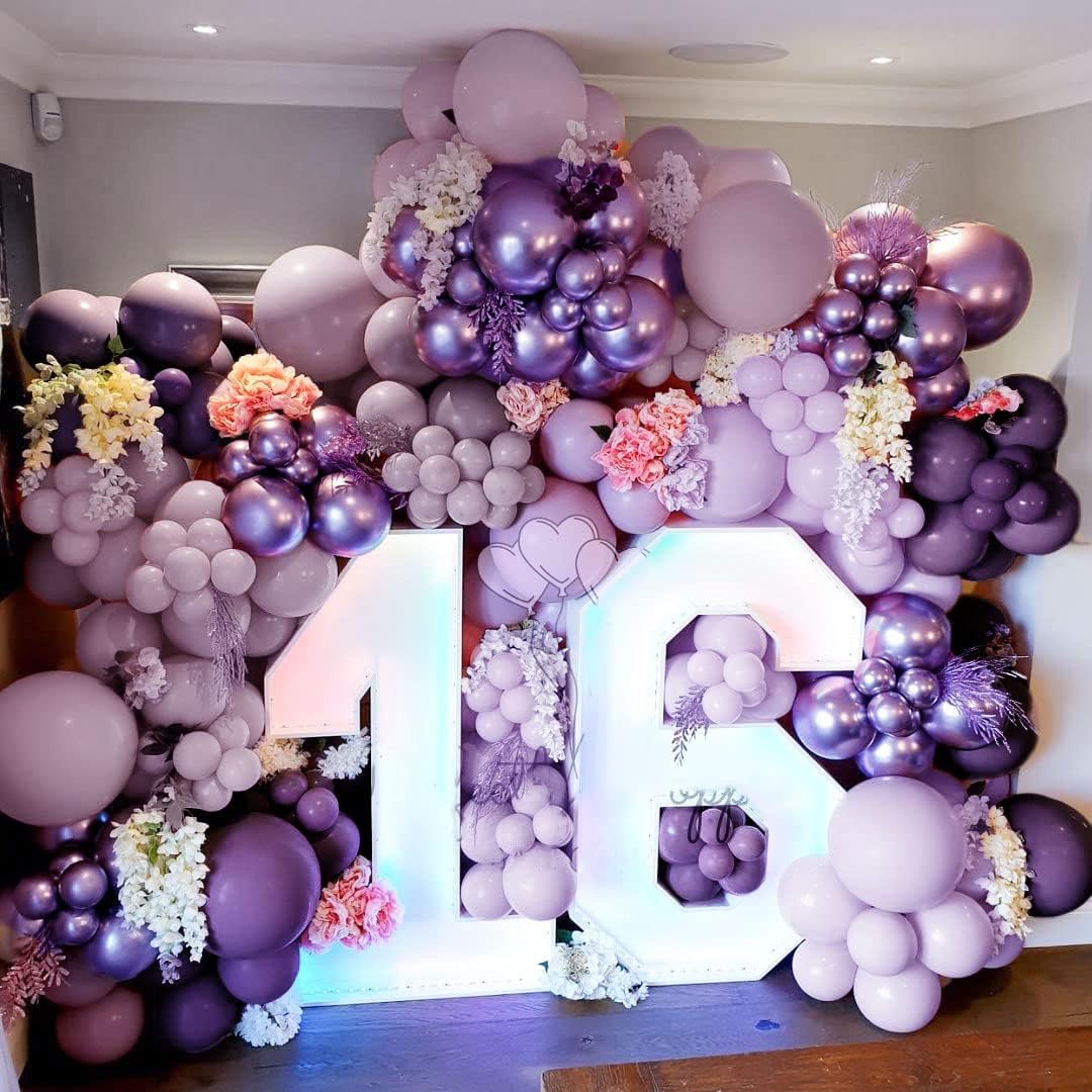 Guirnalda de globos morados, lavanda, globos de doble relleno, color lila pastel, kit de arco de globos de látex metálico morado oscuro, juego de