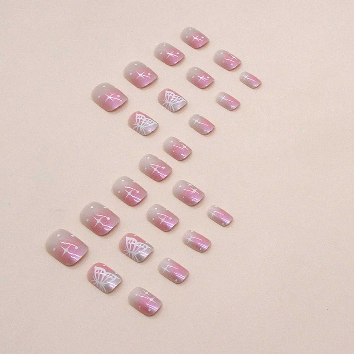24 uñas postizas cuadradas a presión, uñas postizas cortas con diseño de estrellas y mariposas blancas aurora, diseño de puntos, uñas postizas de