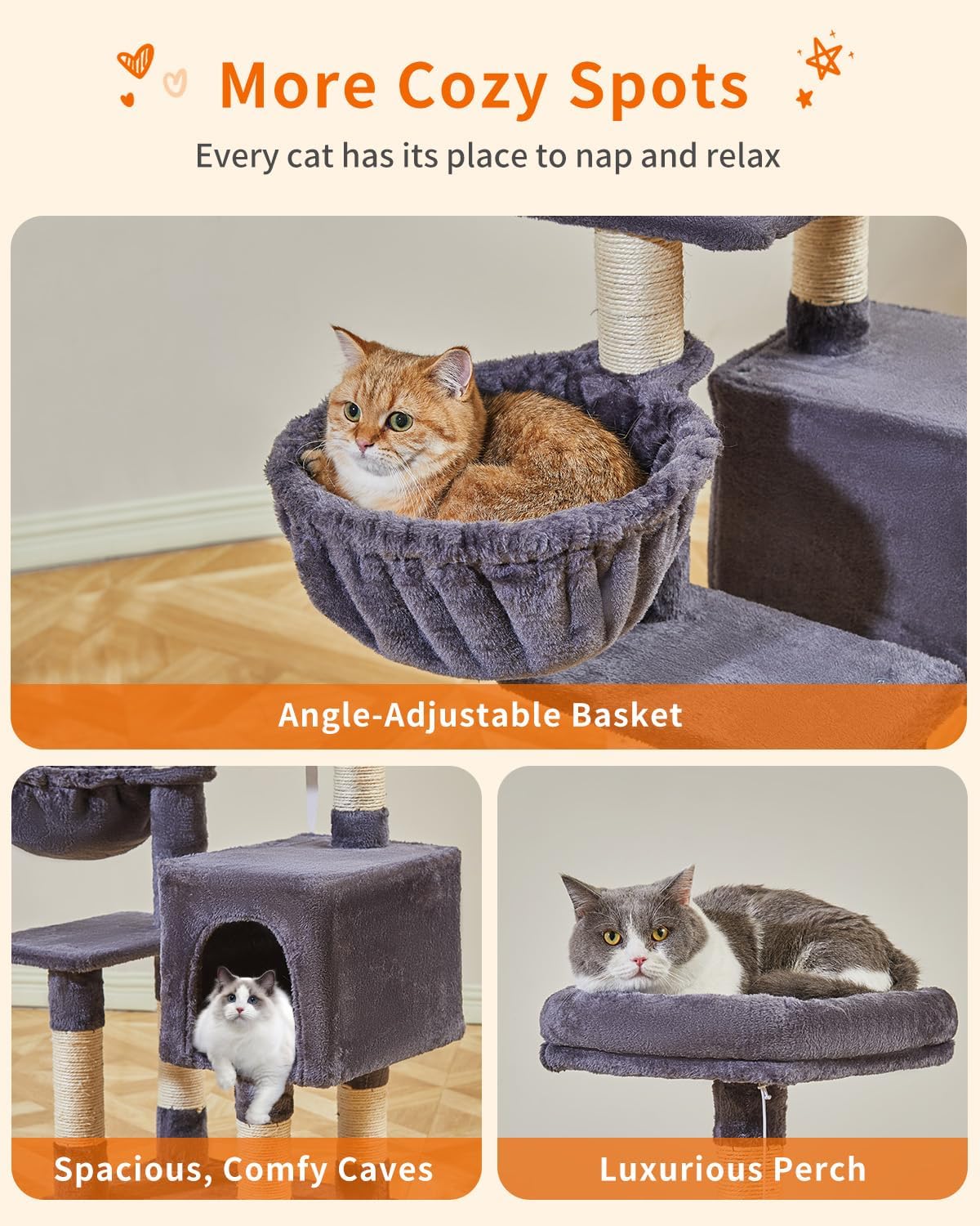 Árbol para gatos, torre para gatos de 44.5 pulgadas para gatos de interior, condominio para gatos de varios niveles con 7 postes rascadores, perca,
