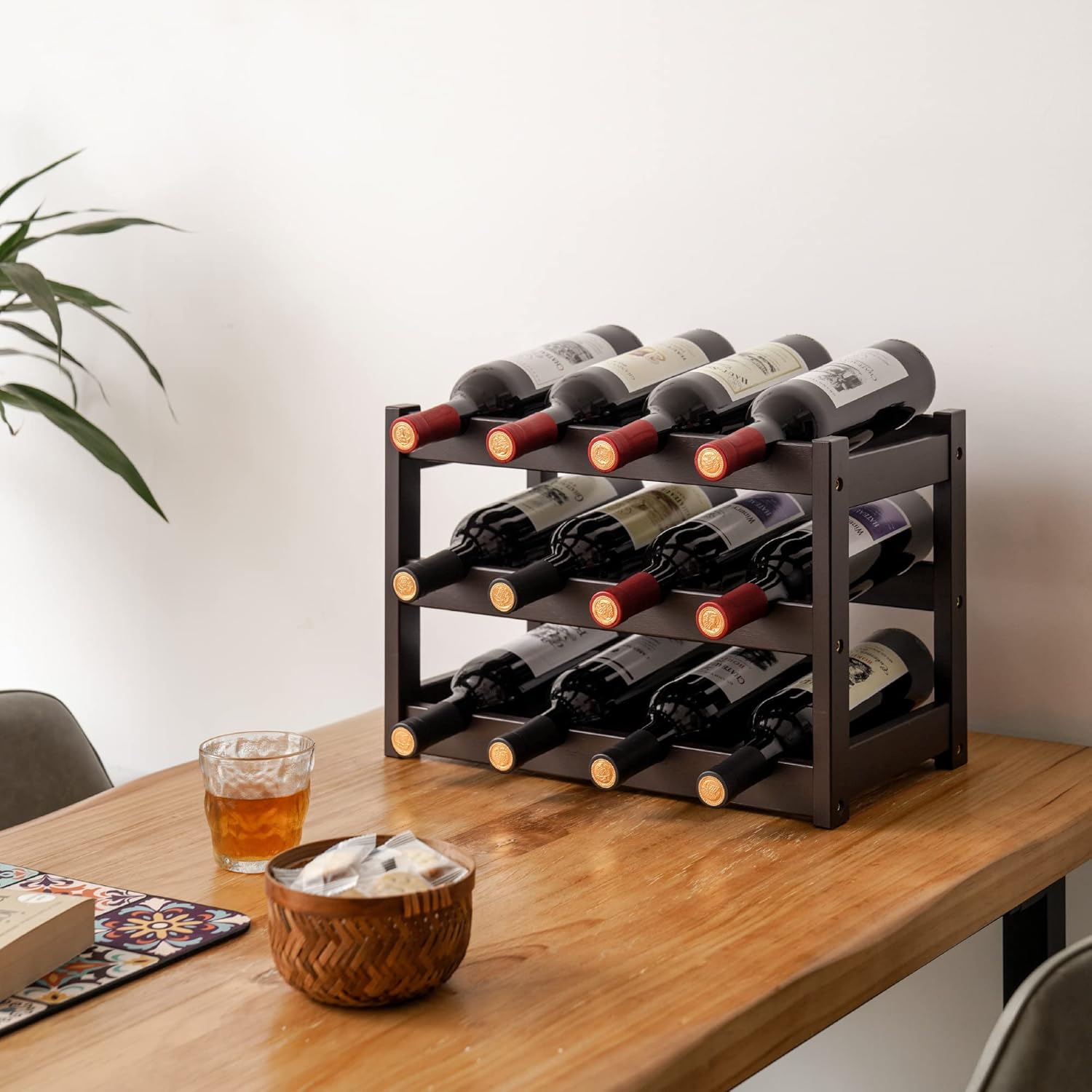 Estante de vino de bambú, estante de almacenamiento de vino resistente y duradero, estantes de vino para encimera para despensa, cocina, 3 niveles
