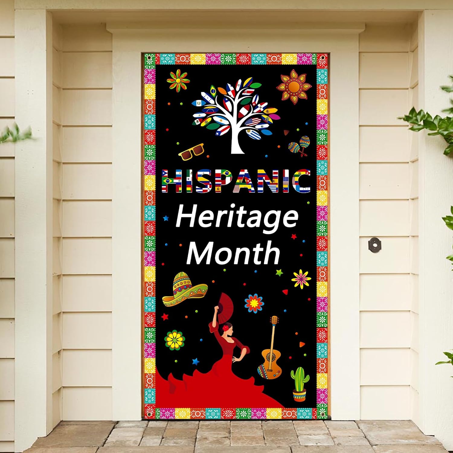 Arosche Decoración grande para puerta del mes de la herencia hispana, 6 x 2.9 pies, fondo colgante de condados de habla hispana latina para