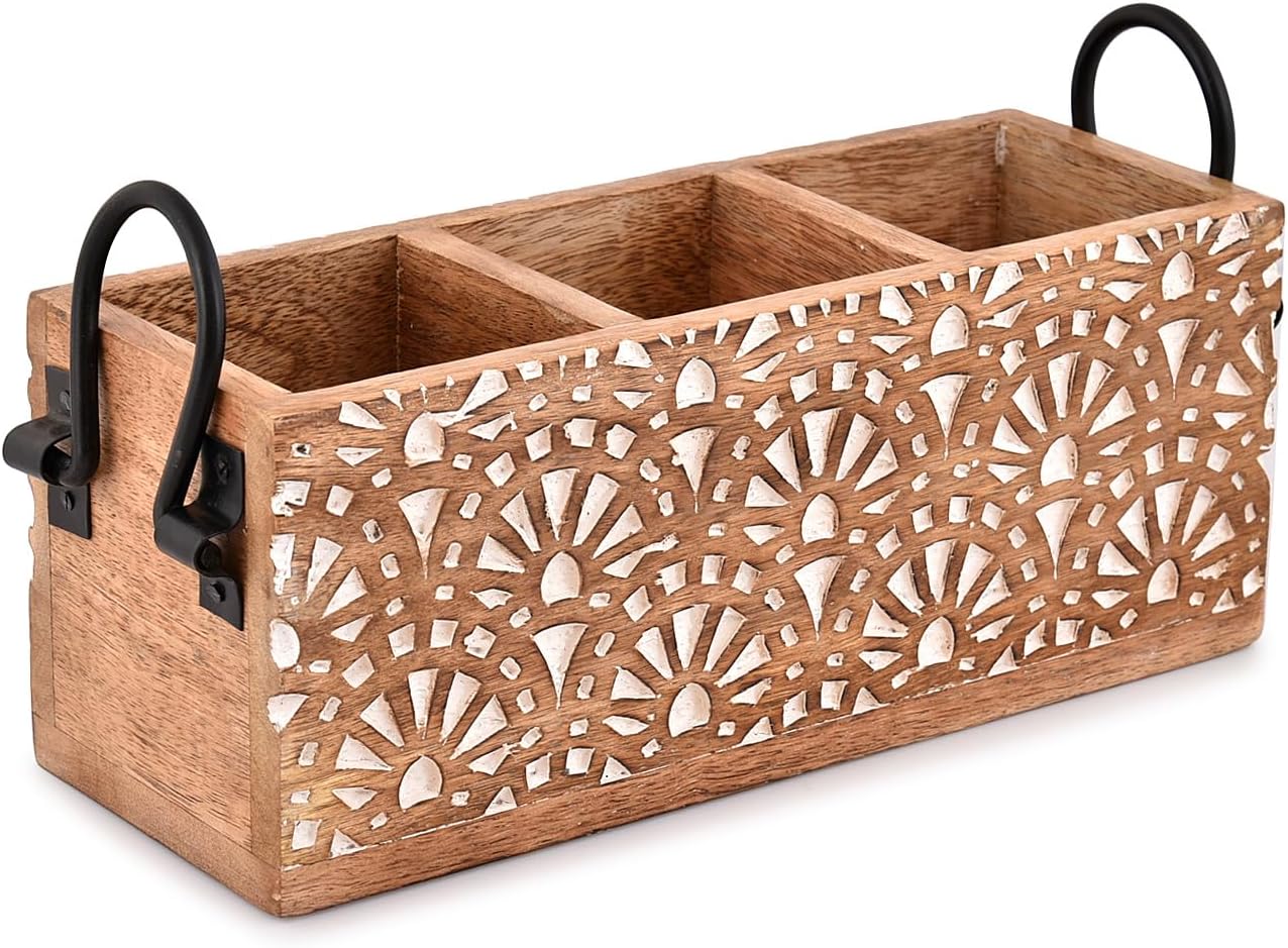 NIRMAN Estante multiusos de madera de mango con 3 compartimentos para cubiertos, servilletas, tazas (11 x 4 x 4.5 pulgadas)
