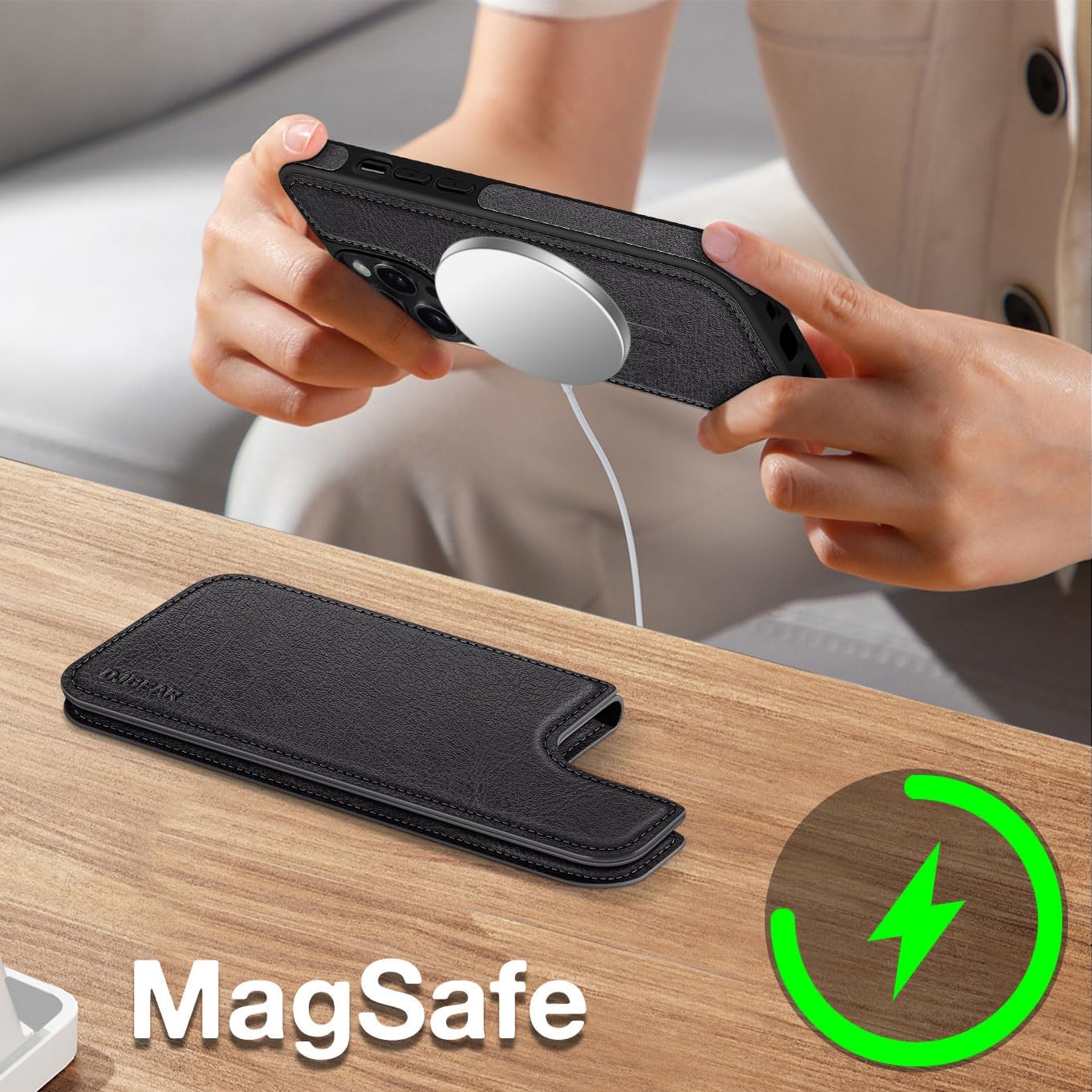 DJBEAR Funda tipo cartera para iPhone 15 Pro de 6.1 pulgadas (compatible con Magsafe), Magnética 2 en 1 desmontable Funda de piel con bloqueo RFID a