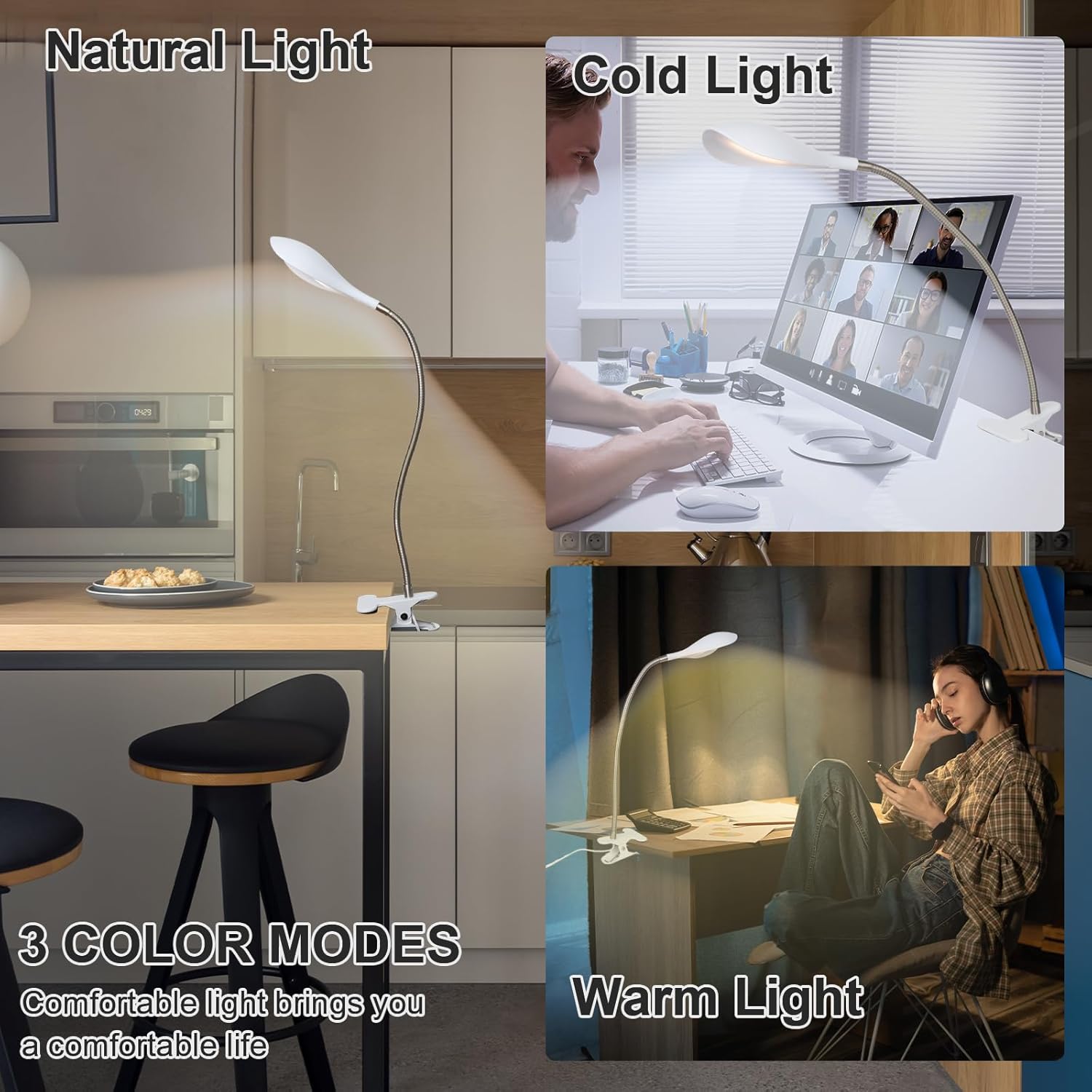 Lámpara de escritorio con abrazadera, luz de lectura con clip, 3 modos de color, 10 atenuadores de brillo, luz de lectura flexible de cuello de