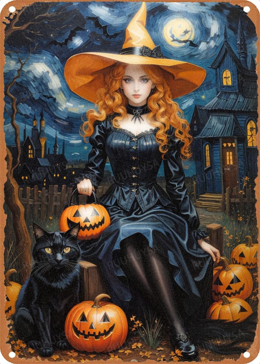 RUUHUYSA Helloween Vintage Metal Tin Sign Witches and Black Cats Tin Sign Home Family Lovers Gift Funny Bedroom Novelty Retro Parlor Courtyard 8×12