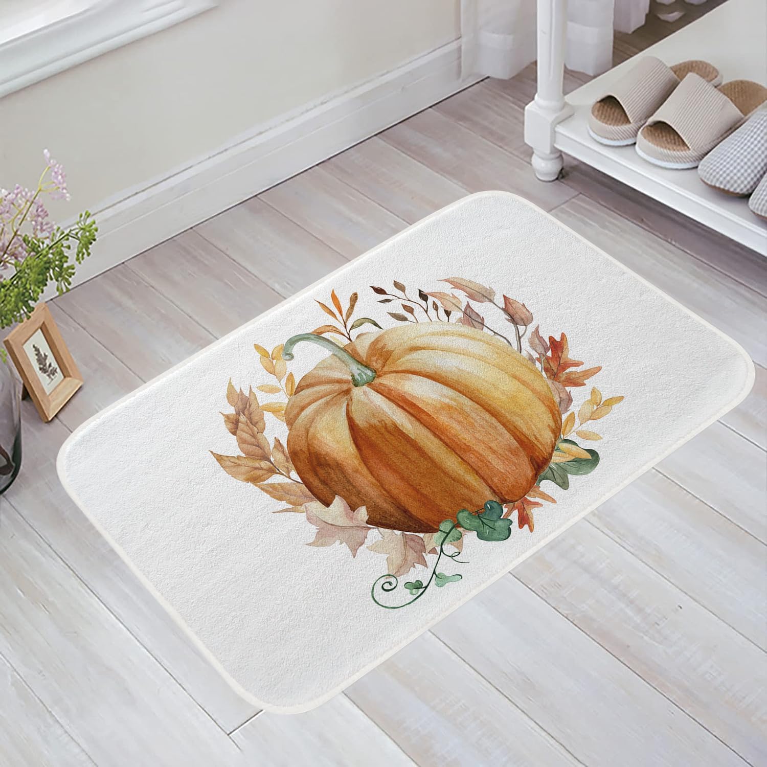 Alfombra de baño de otoño con calabaza naranja, hojas de arce, antideslizante, 20 x 32 pulgadas, alfombra de baño suave de cosecha de otoño,