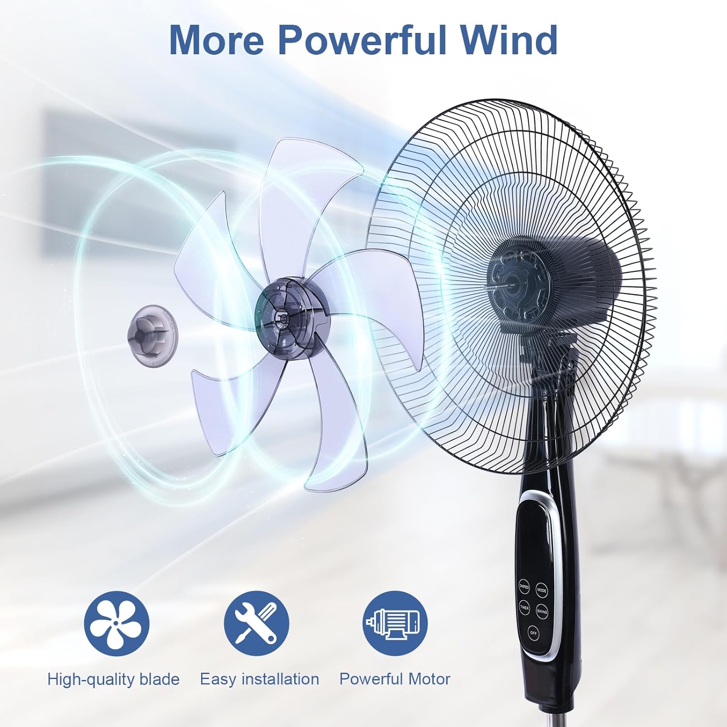 Simple Deluxe Ventilador avanzado de 16 pulgadas con control remoto, altura ajustable, 3 velocidades, oscilación de 45 grados y temporizador para
