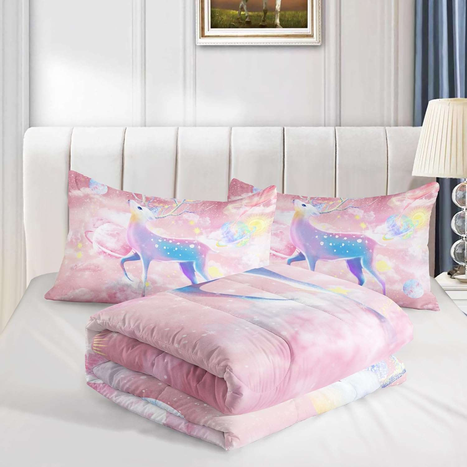 CVHOUSE Ecbttab047 – Juego de edredón rosa para niña, tamaño matrimonial, juego de ropa de cama con espacio de nube rosa para niños, ciervo y