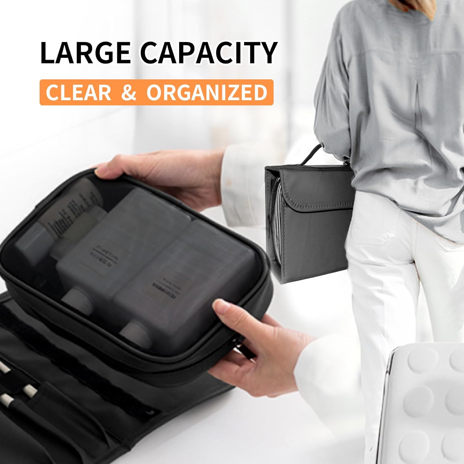 Neceser colgante de viaje para mujer, con capacidad para champú de tamaño completo, con compartimento organizador de joyas, Negro -, Viajes