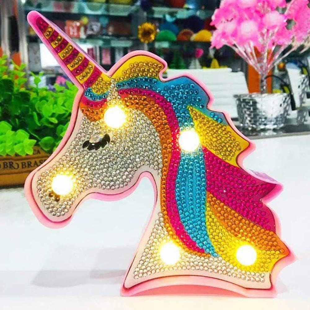 YOBEYI Pintura de diamante unicornio con luces LED, bricolaje con forma especial, taladro completo, cristal de dibujo, lámpara de noche para