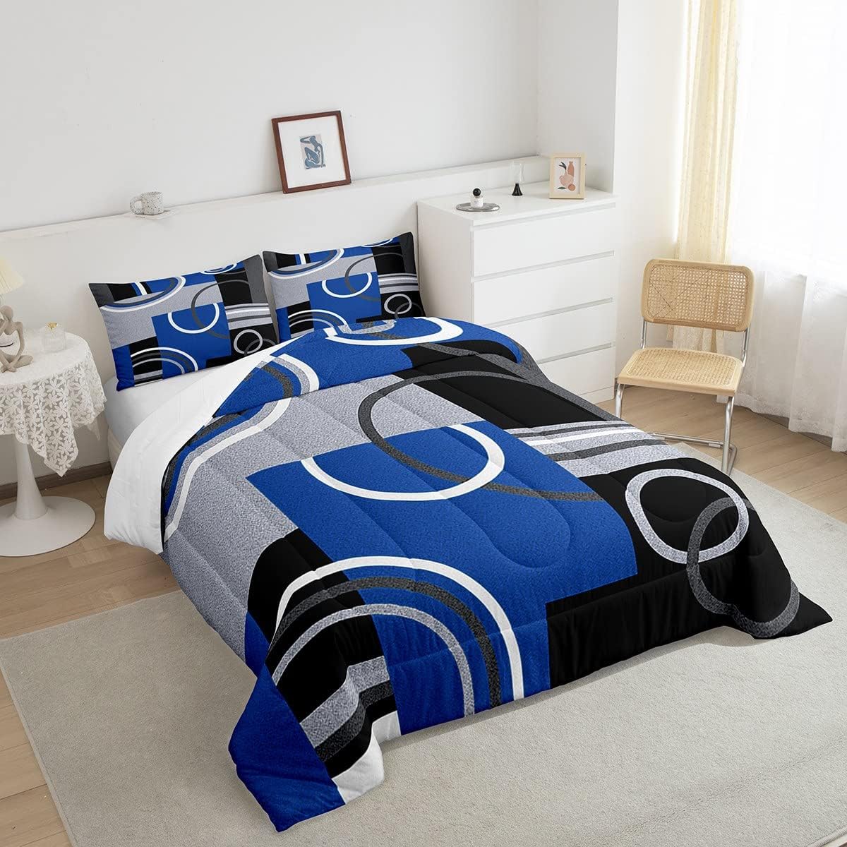 Juego de ropa de cama azul real, negro y gris, juego de edredón de espiral, diseño de rayas abstractas con estampado geométrico a cuadros, edredón
