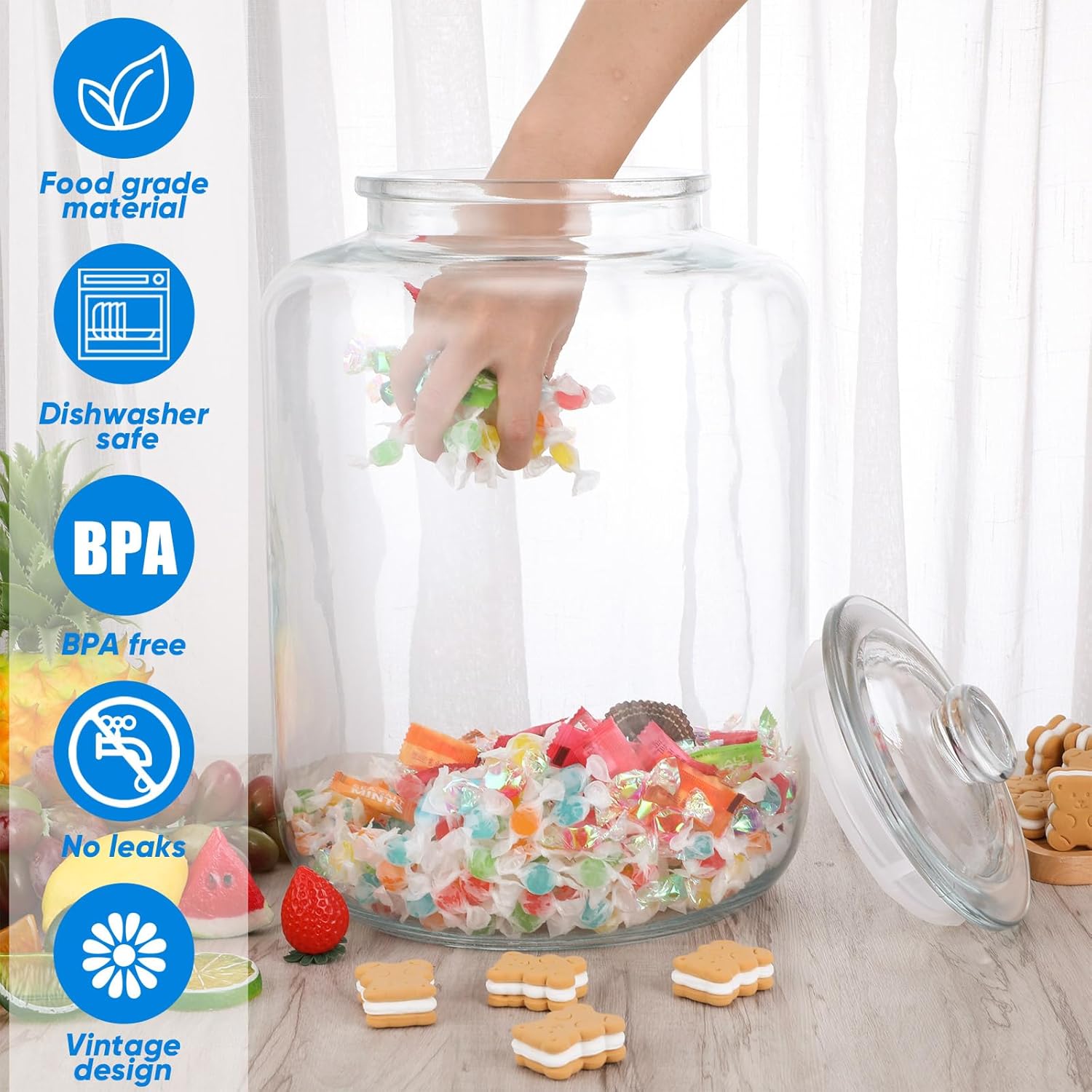 Tarro de vidrio de 4 galones con tapa, tarro grande para galletas con gran apertura, recipiente hermético para almacenamiento de alimentos, tarros
