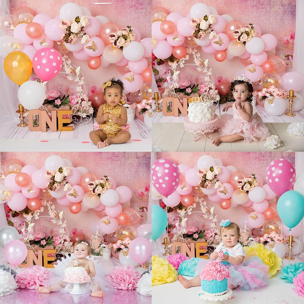Bellicremas Mariposas Oro Rosa Primer Cumpleaños Fotografía Fondo Princesa Tema Flores Rosa Carruaje Niñas 1er Cumpleaños Fondo de Un Año Antiguo