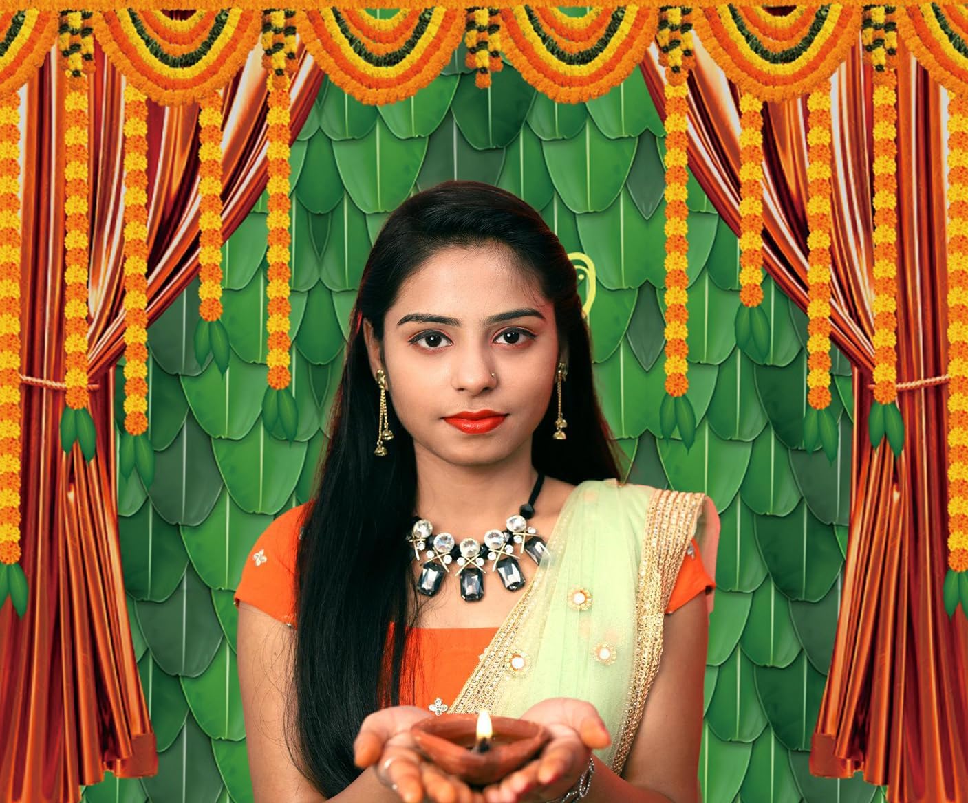 Decoración de fondo indio Pooja para fotografía, 10 x 8 pies, tradicional, indio, festival de Puja Ganpati Mehndi, fondo de fotos de plátano, hojas
