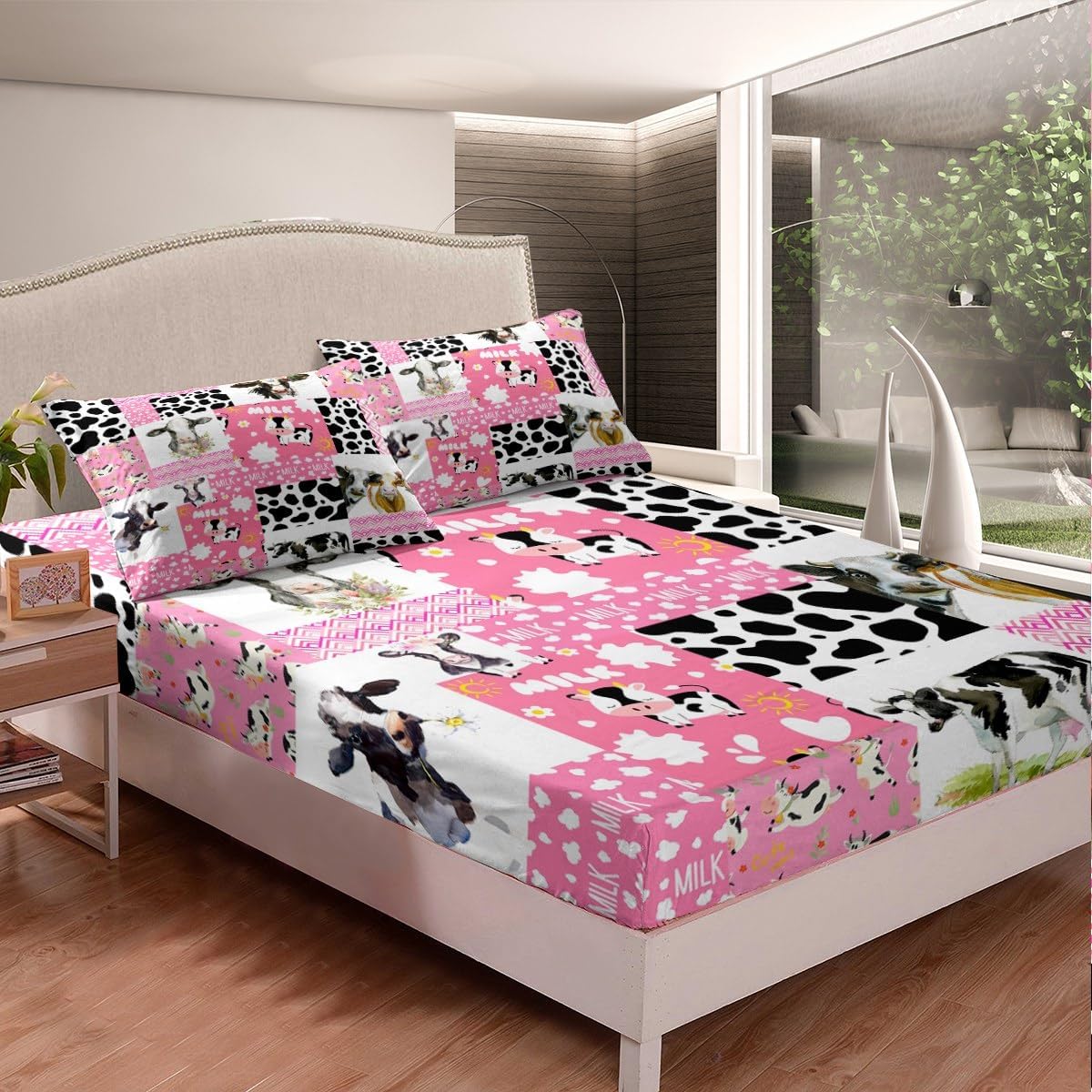 Erosebridal Juego de sábanas tamaño individual con estampado de vaca rosa, juego de sábanas de animales kawaii, juego de sábanas de vida silvestre,