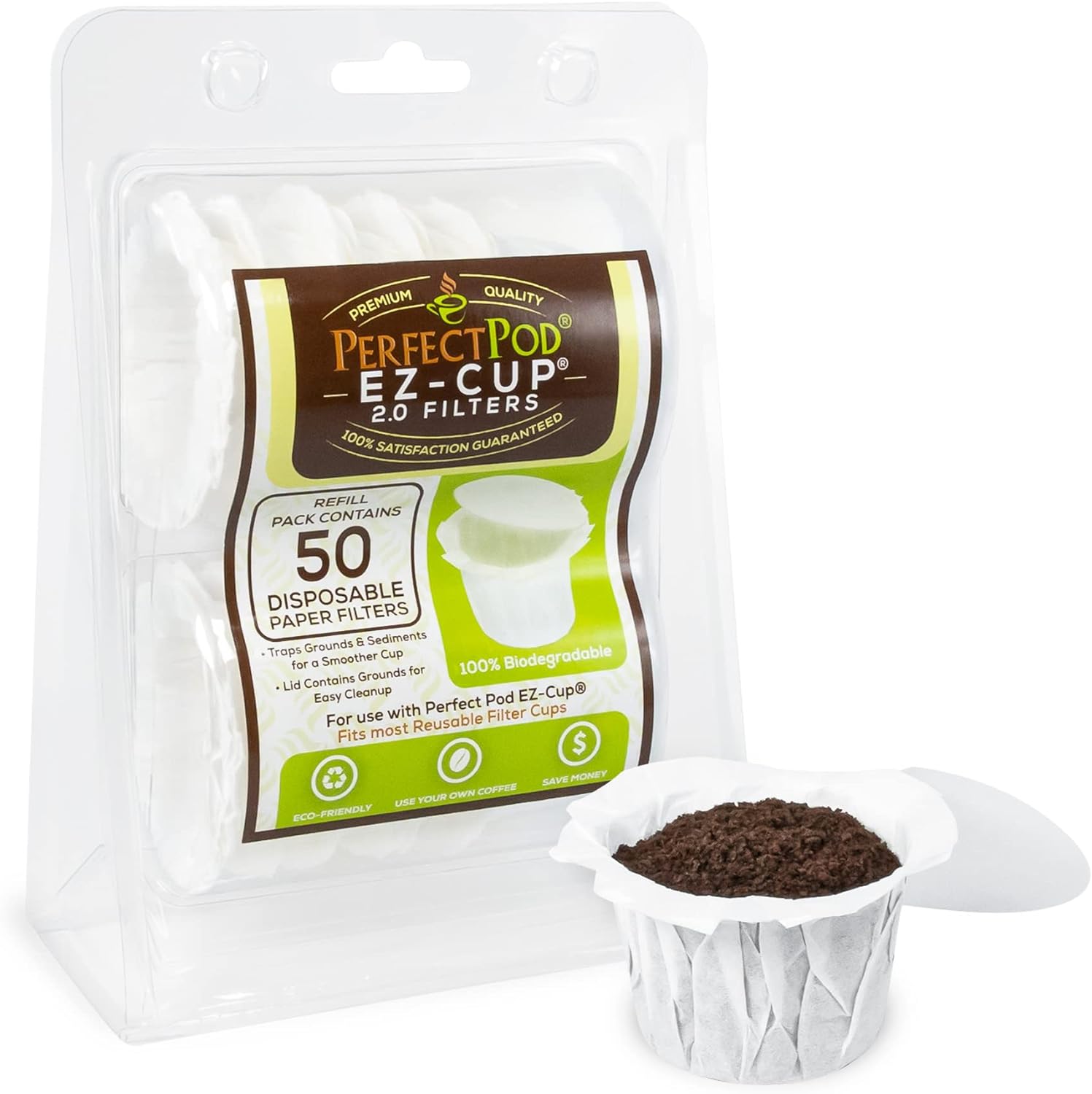 Perfect Pod EZ-Cup Filtros de café de papel con tapa patentada para cafeteras de una sola porción y cápsulas de café, compatibles con Keurig,