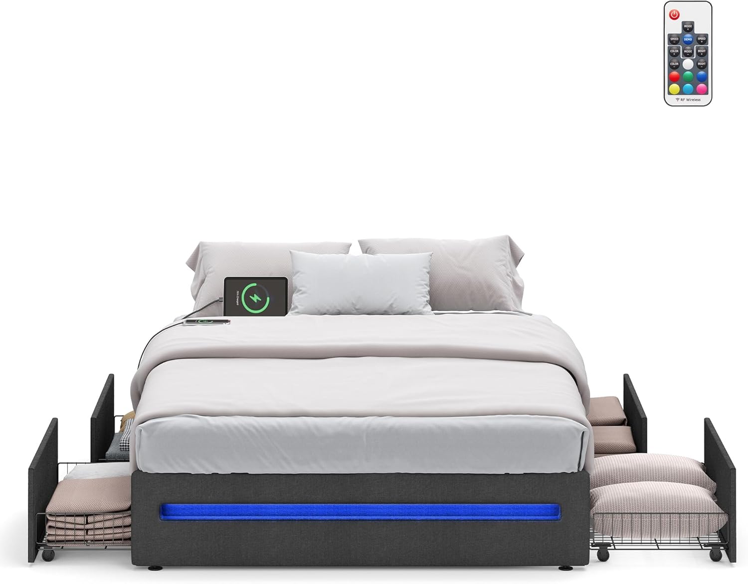 VASAGLE Base de cama LED tamaño Queen con 4 cajones y estación de carga, marco de cama Queen con 1 puerto USB y 1 puerto tipo C, listones de acero,