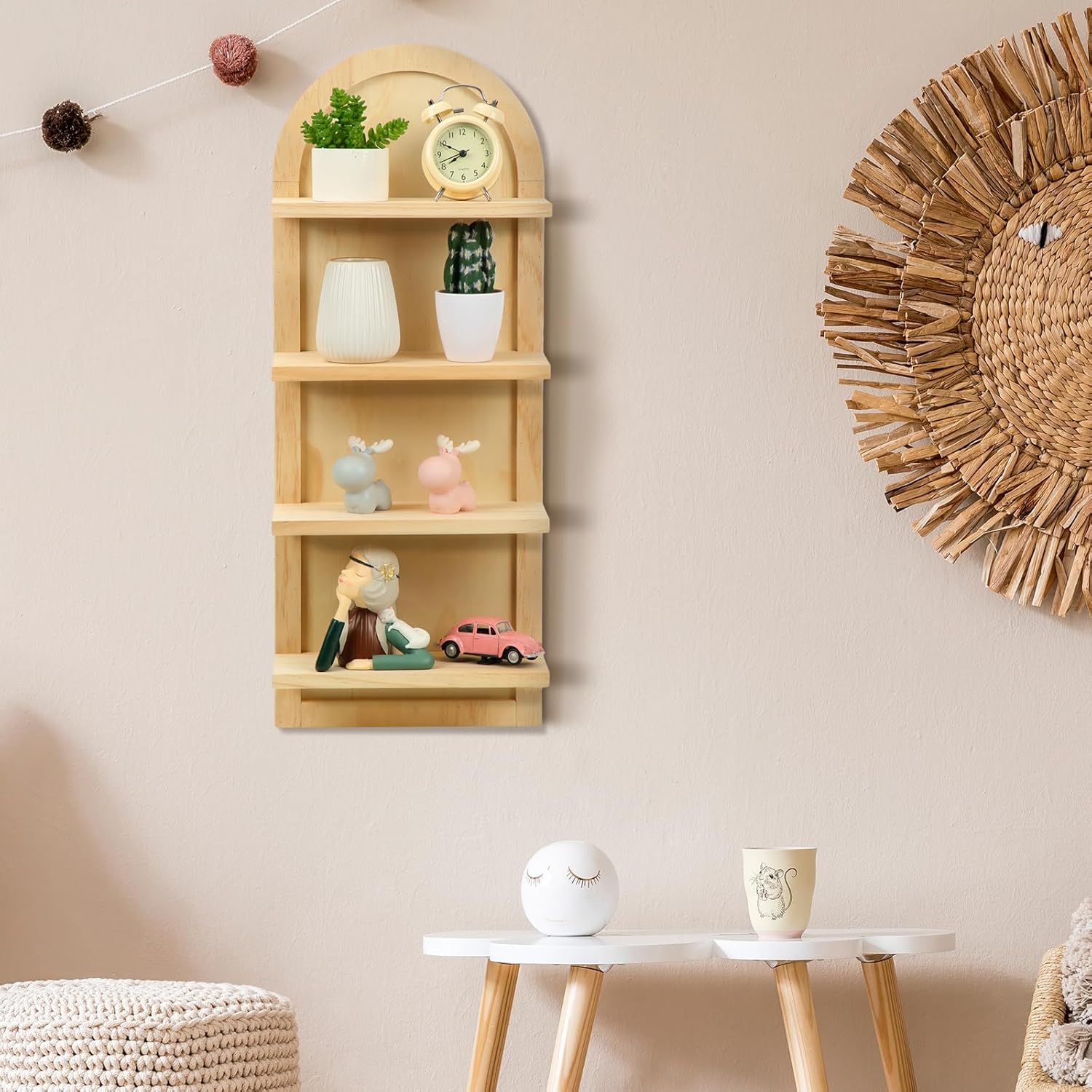 1 estante de pared de madera arqueada de 4 niveles, estantes de pared bohemios, estantería de madera curvada para pared, sala de estar, baño,