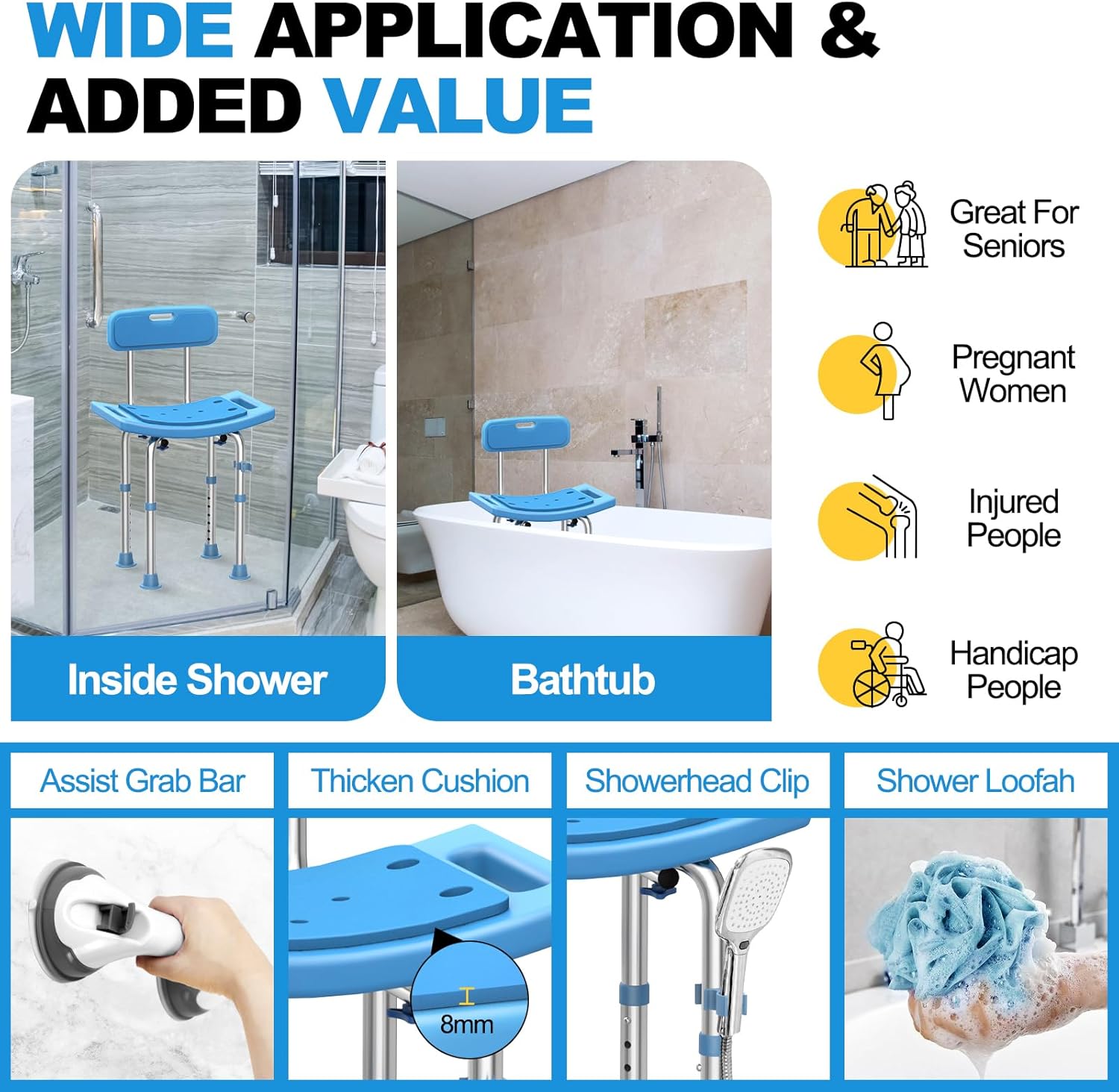 Medhelp Silla de ducha con respaldo para interior de ducha y taburete de ducha para bañera, taburete de ducha ajustable, asiento de baño