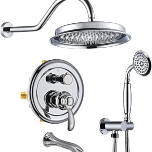 Juego de grifos de ducha con boquilla de bañera sistema de ducha de lluvia antiguo de 9 pulgadas, cabezal de lluvia de montaje en pared y rociador Juego de grifos de ducha con boquilla de bañera sistema de ducha de lluvia antiguo de 9 pulgadas, cabezal de lluvia de montaje en pared y rociador