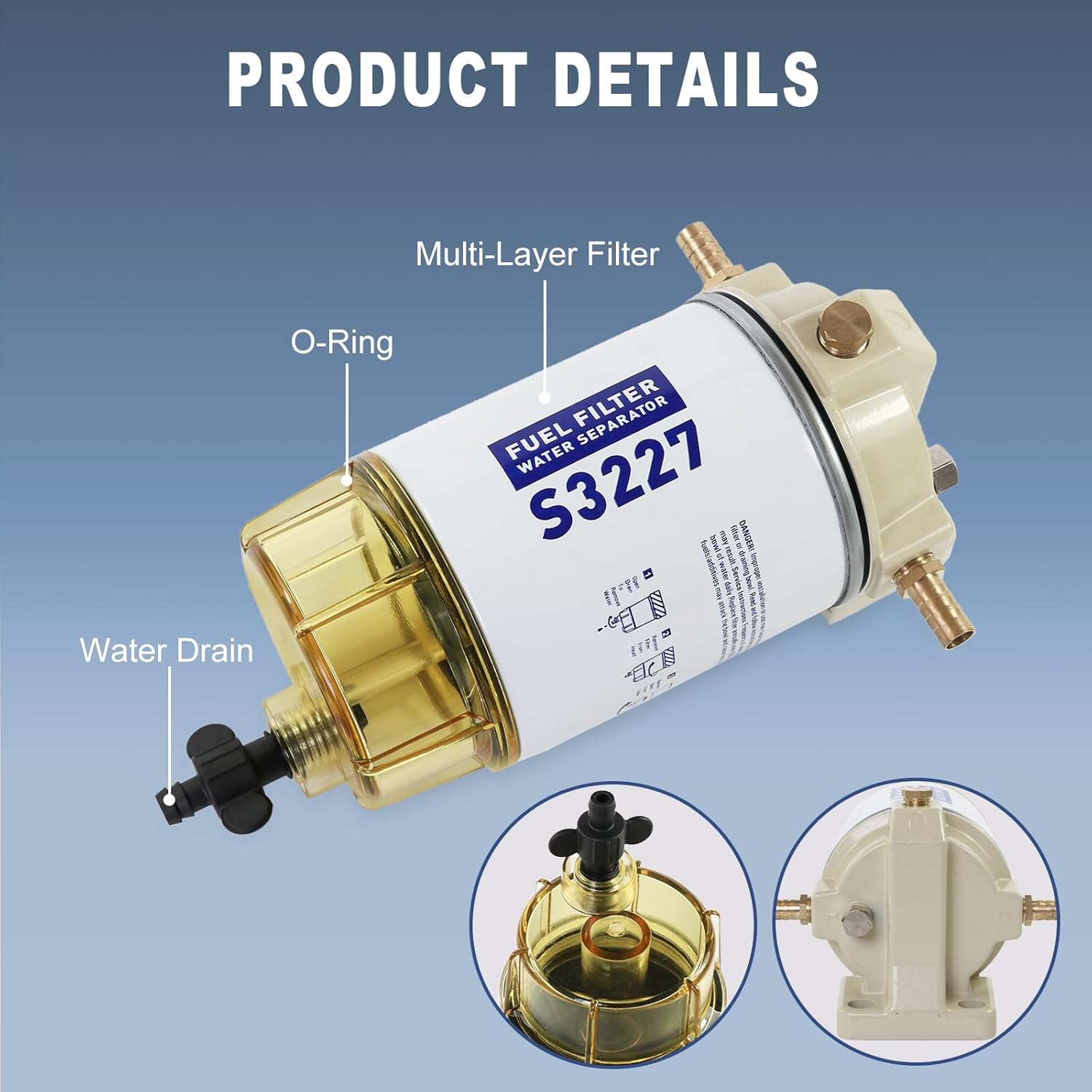 S3227 Filtro de combustible Separador de agua de repuesto para motor fueraborda marino Mercury con púas de 38 pulgadas x 14 pulgadas NPT accesorios