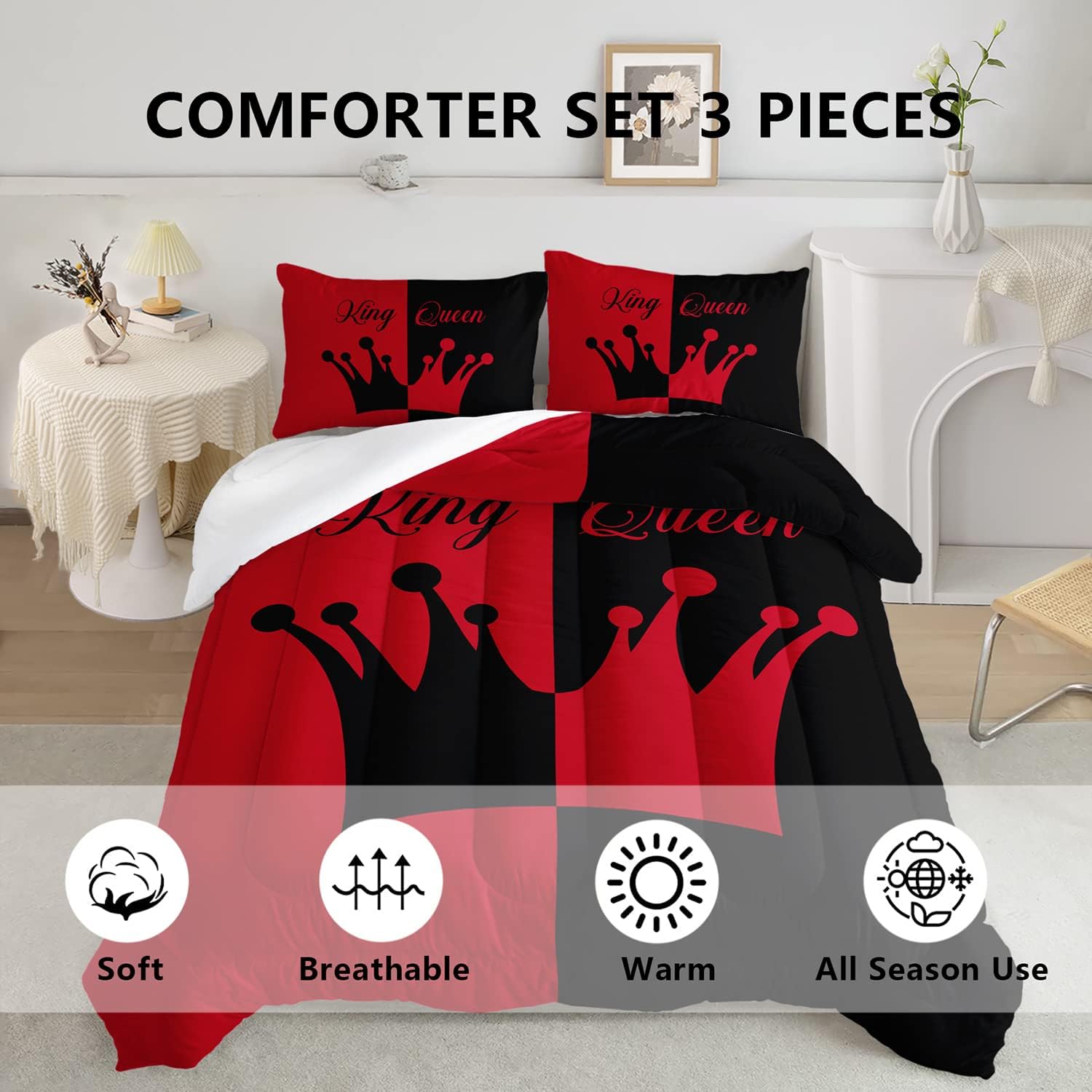 Axolotl Juego de edredón Queen y King de corona negra y roja, juego de edredón de 3 piezas para adultos, parejas, hombres y mujeres, regalos de boda