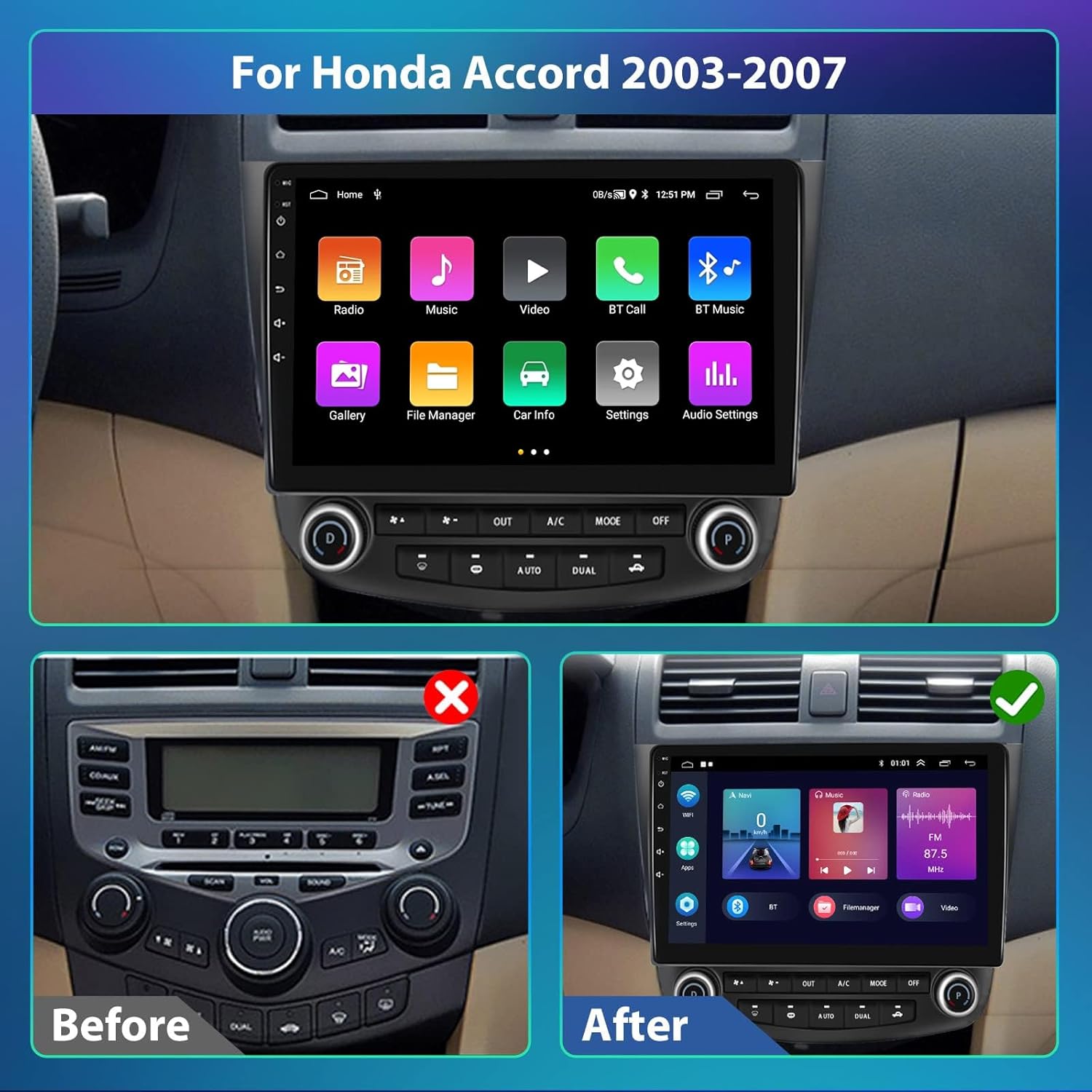 Podofo Para Honda Accord 2003 2004 2005 2006 2007 Radio estéreo de coche Android 13 Radio estéreo para coche 10.1 pulgadas pantalla táctil audio