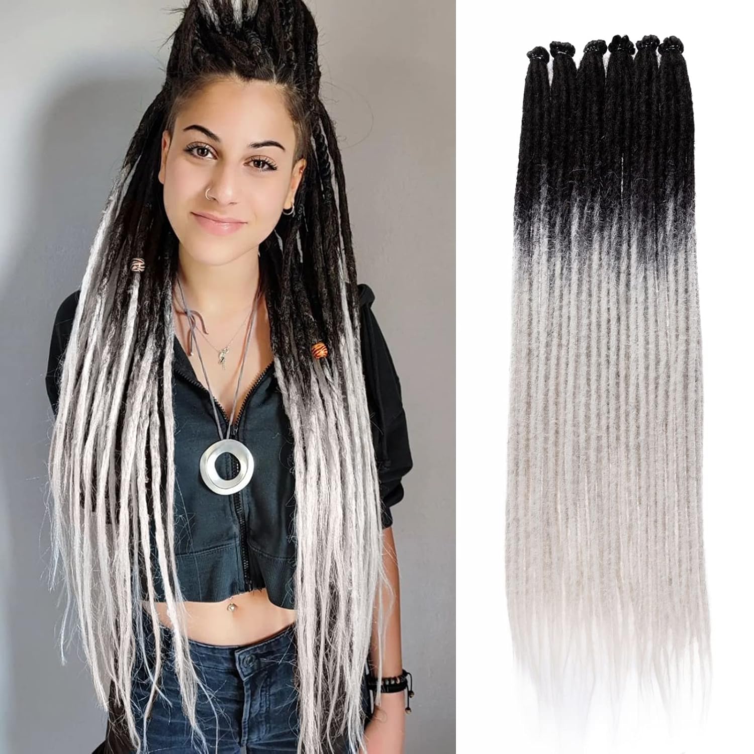 Leeven Extensiones de rastas de 40 hebras de 24 pulgadas, negro a gris, un solo extremo de 0.2 in de ancho, hechas a mano, rastas, cabello sintético