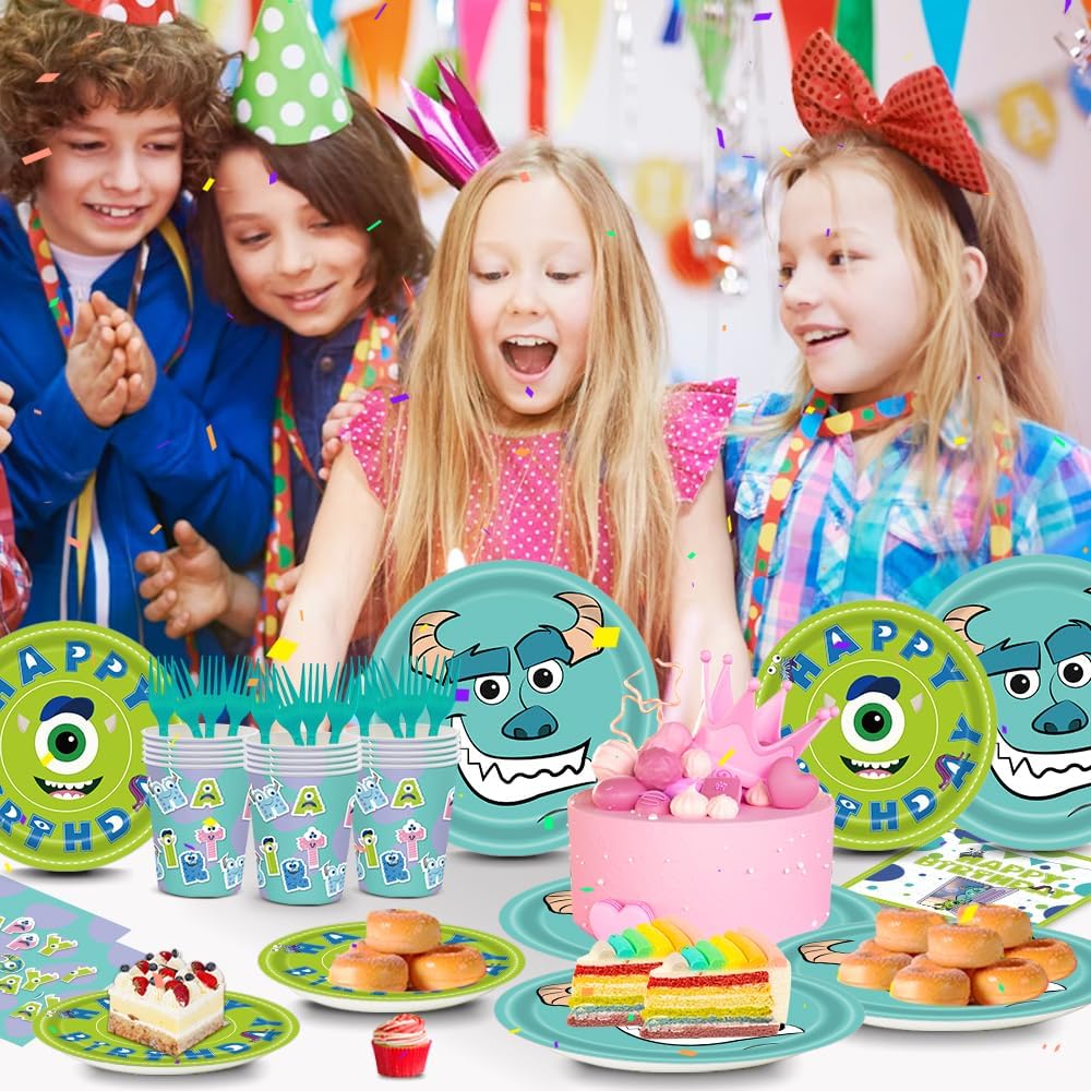 Juego de 80 piezas de platos de papel para fiesta de cumpleaños de monstruo, servilletas, tazas, tenedores, niños, monstruos, fiesta de cumpleaños,