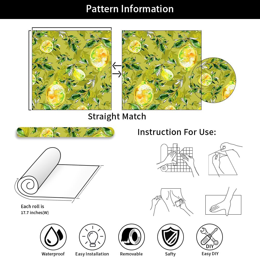 Papel tapiz autoadhesivo de 18 x 236 pulgadas, color amarillo, extraíble, fácil de despegar, para cocina, dormitorio, baño, inquilino