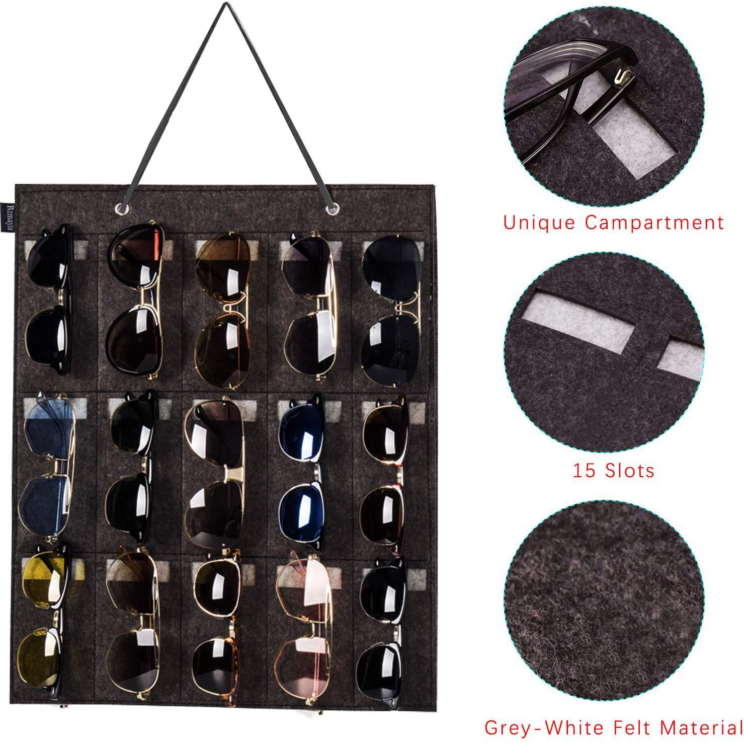 Organizador de lentes de sol para colgar en la pared, organizador de lentes de sol, 15 ranuras, organizador de almacenamiento para gafas (gris