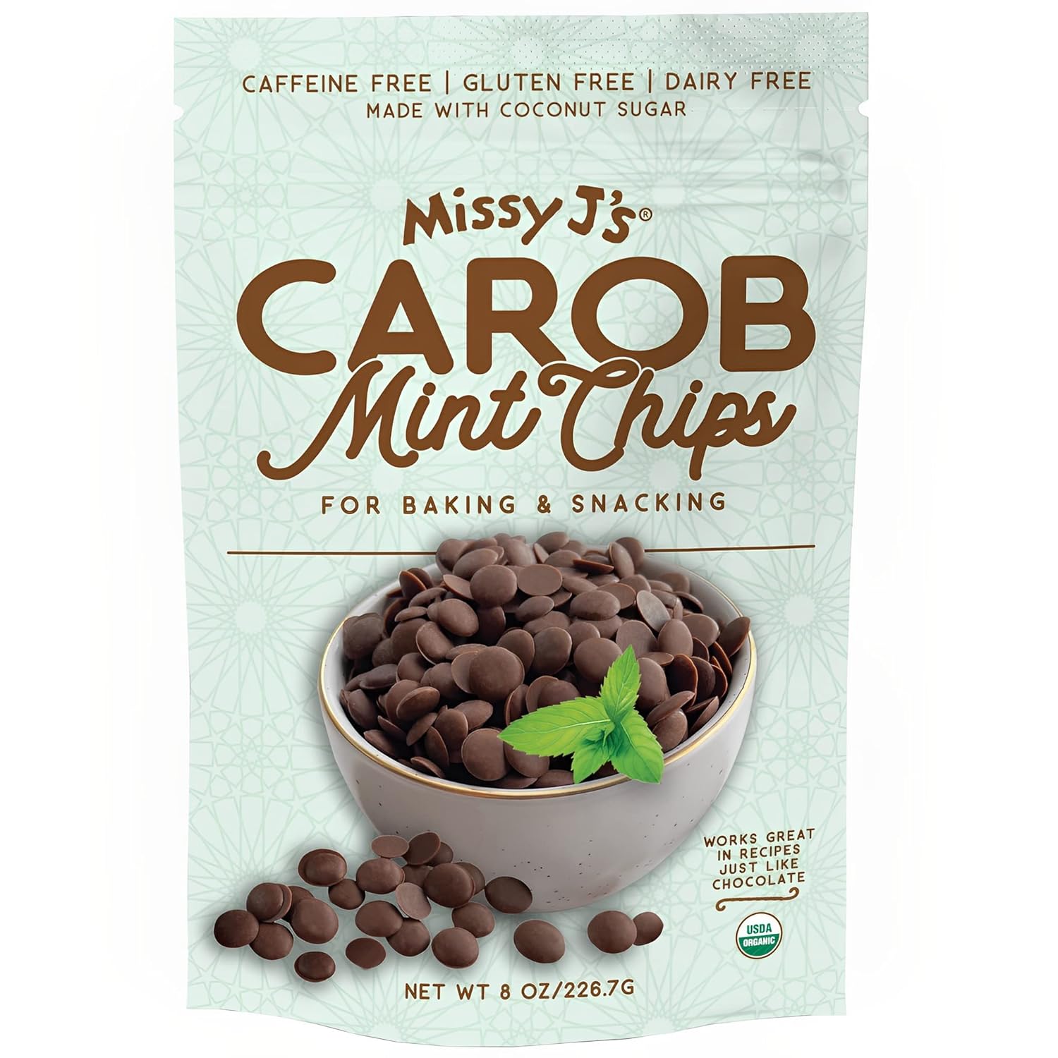 Missy J’s Chips de algarroba de menta orgánica de 8 onzas, hechas con azúcar de coco, vegano, sin gluten y cafeína, sustituto saludable del