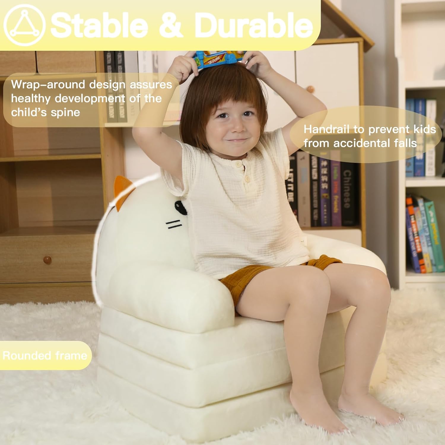 QIUODO Sofá plegable para sala de juegos, sofá abierto de terciopelo 2 en 1 para niños pequeños de 1 a 3 años, cómoda silla infantil para leer y