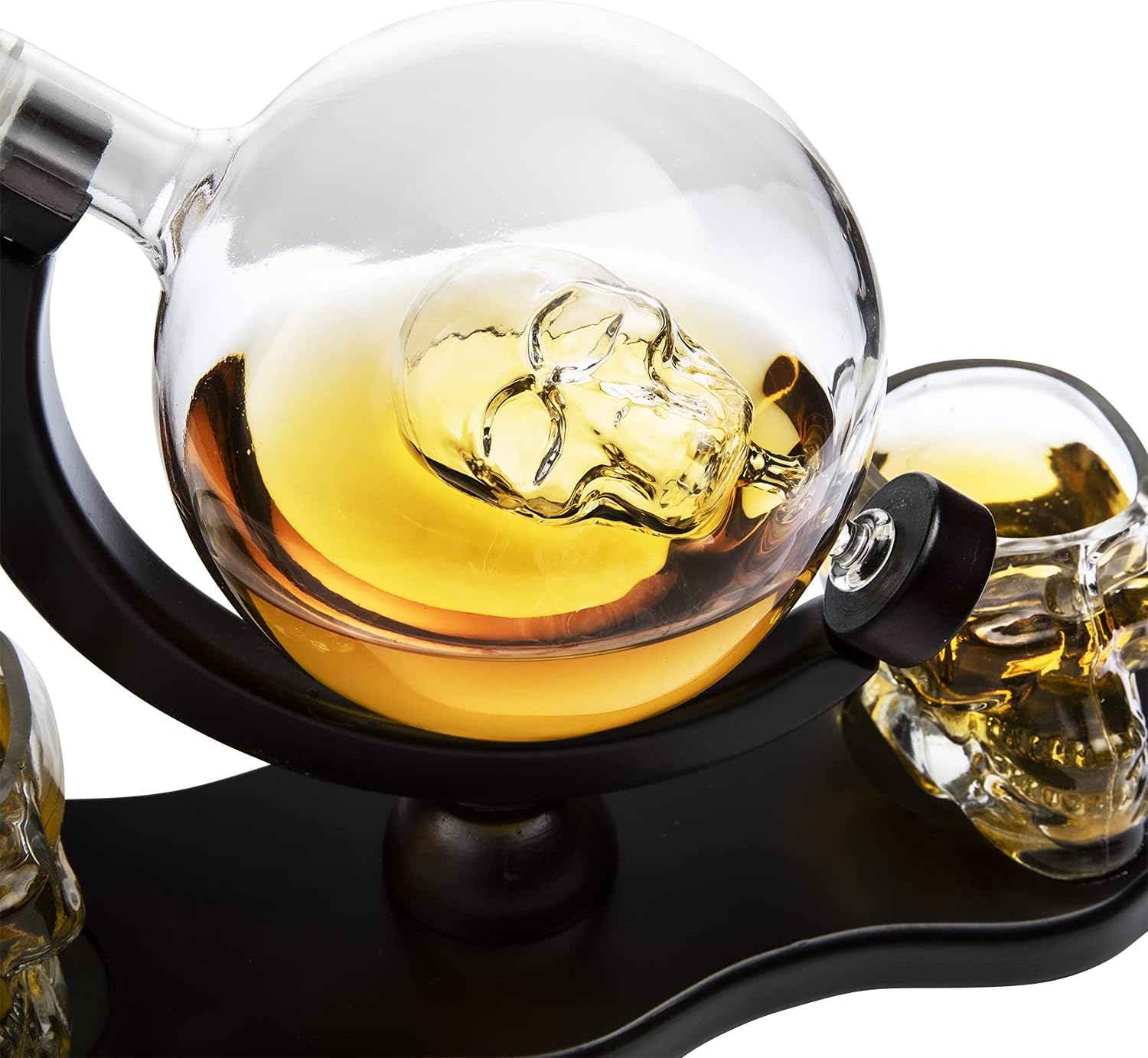 Juego de decantadores de calavera de esqueleto para vino y whisky, 28.7 fl oz con 2 vasos de chupito de esqueletos de 3 onzas con base de madera de