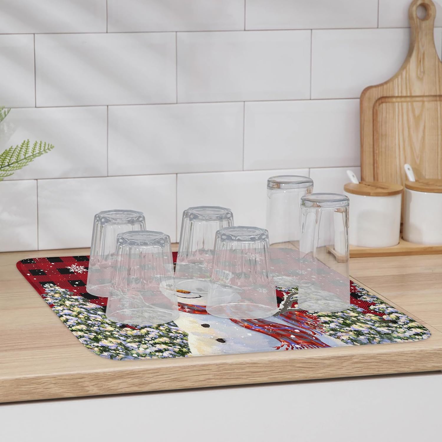 Tapete de secado de platos con diseño de árbol de Navidad, muñeco de nieve para encimera de cocina, tapete absorbente de microfibra de búfalo rojo,