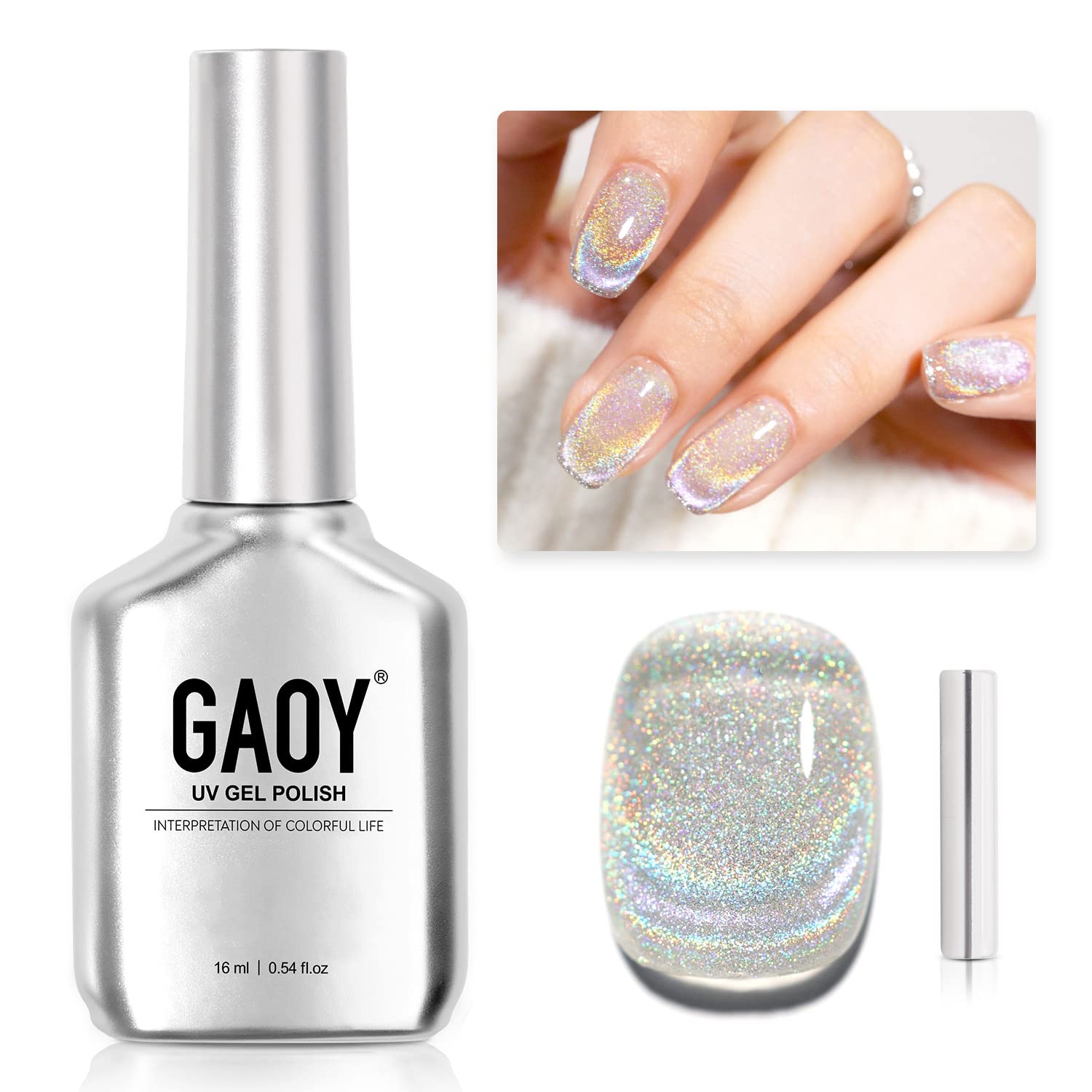 GAOY Esmalte de uñas de gel de ojo de gato, esmalte de uñas holográfico con purpurina con imán, 0.63 onzas líquidas, gel UV translúcido reflectante