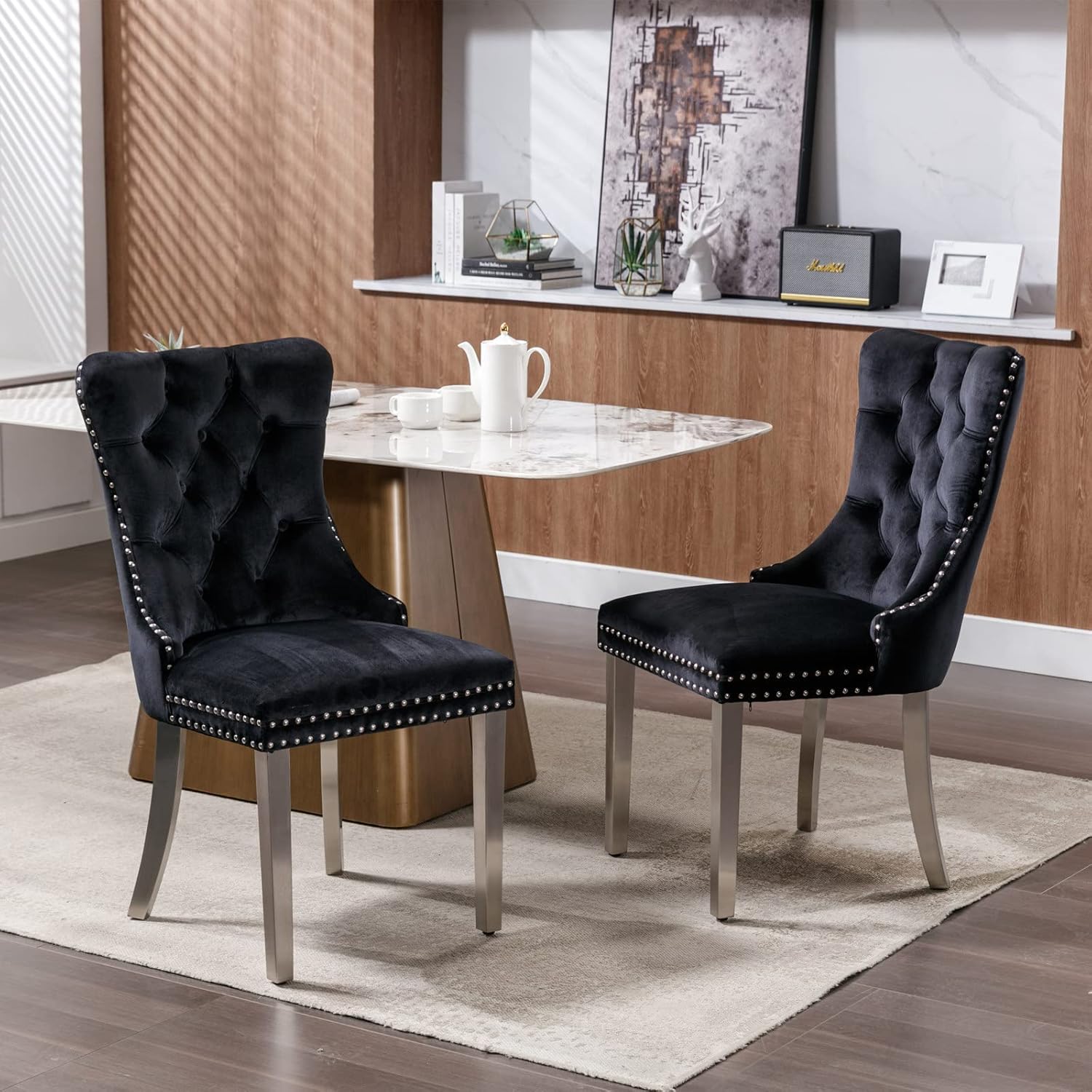 HABITRIO Juego de 2 sillas de comedor, sillas laterales tapizadas de madera maciza con patas de acero inoxidable cromadas, cabeza de clavo y anillo