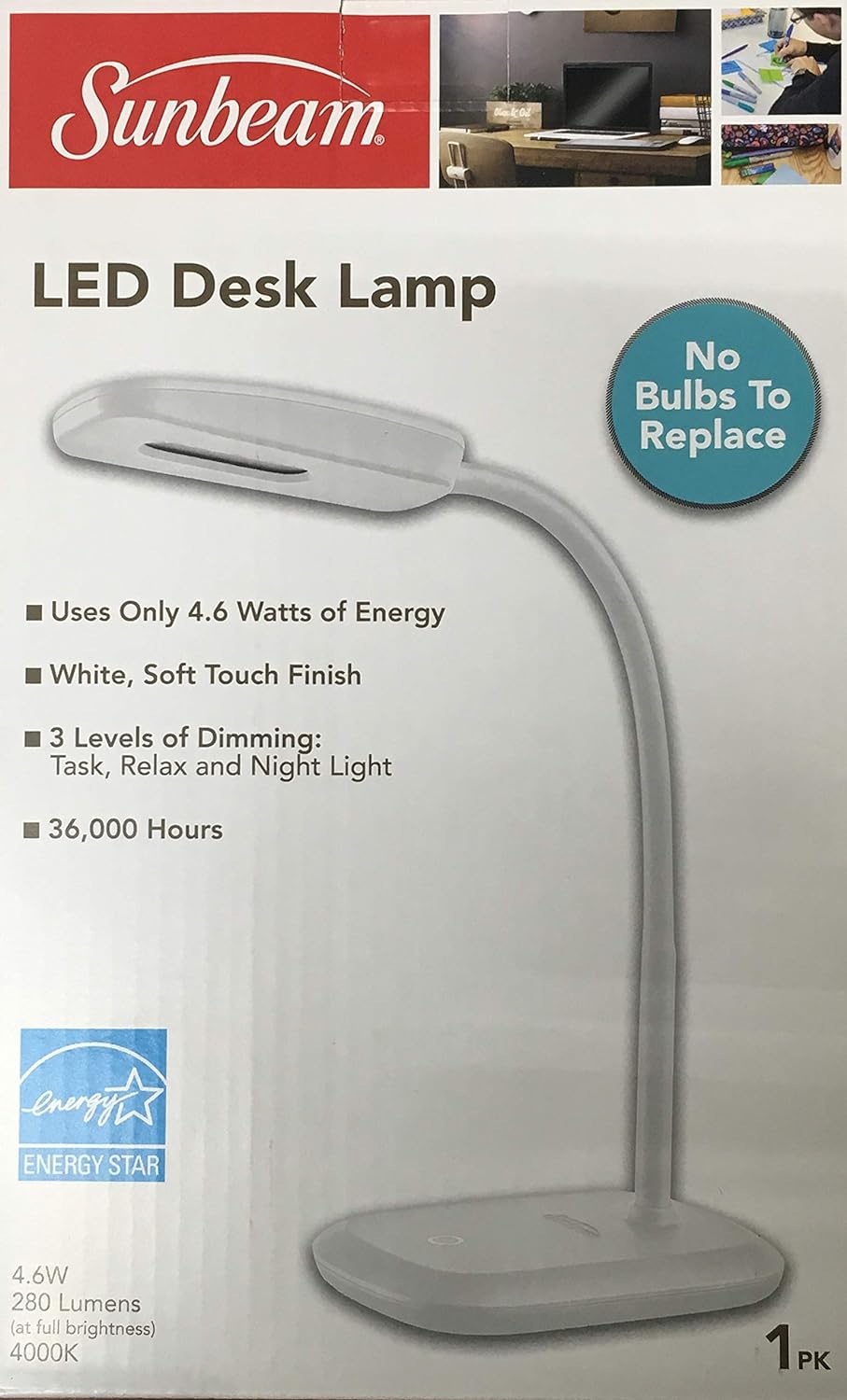 Lámpara de escritorio LED de cuello flexible SUNBEAM Luz ajustable Energy Star (blanco)