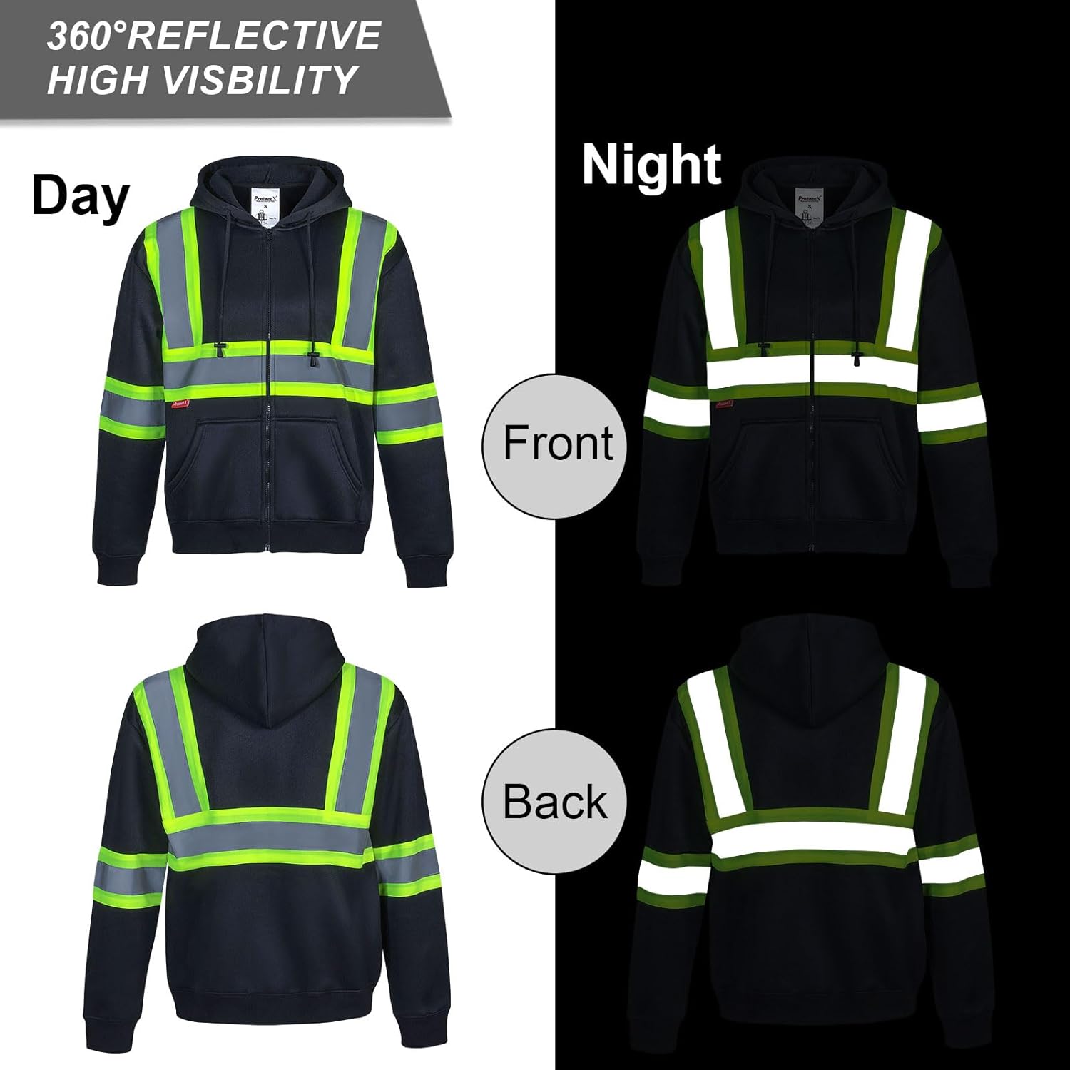 ProtectX Sudadera de seguridad de alta visibilidad clase 3 para hombre, sudadera reflectante con bolsillo grande para construcción y trabajo