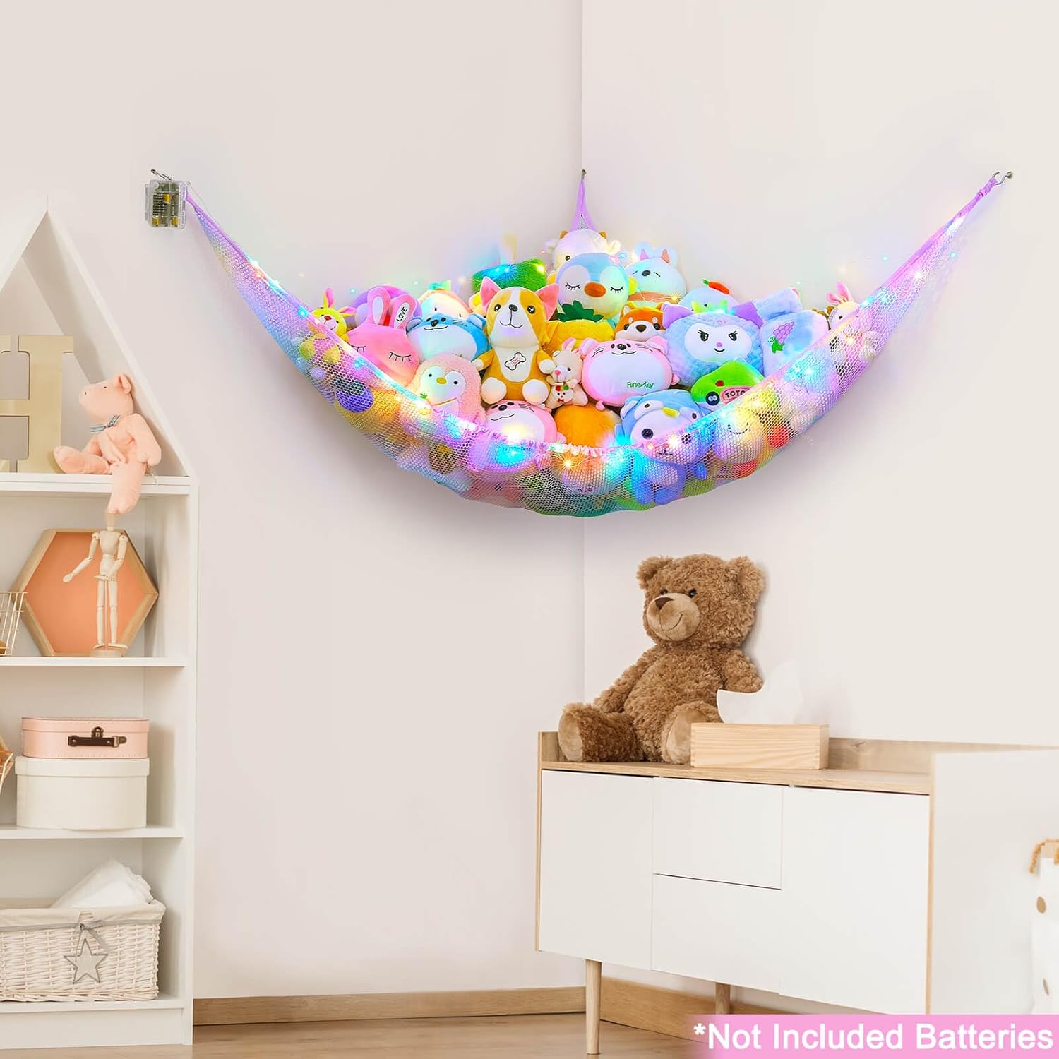 Beinou Red de animales de peluche o hamaca para niños, organizador de almacenamiento de juguetes de malla colgante, soporte de esquina para niñas,