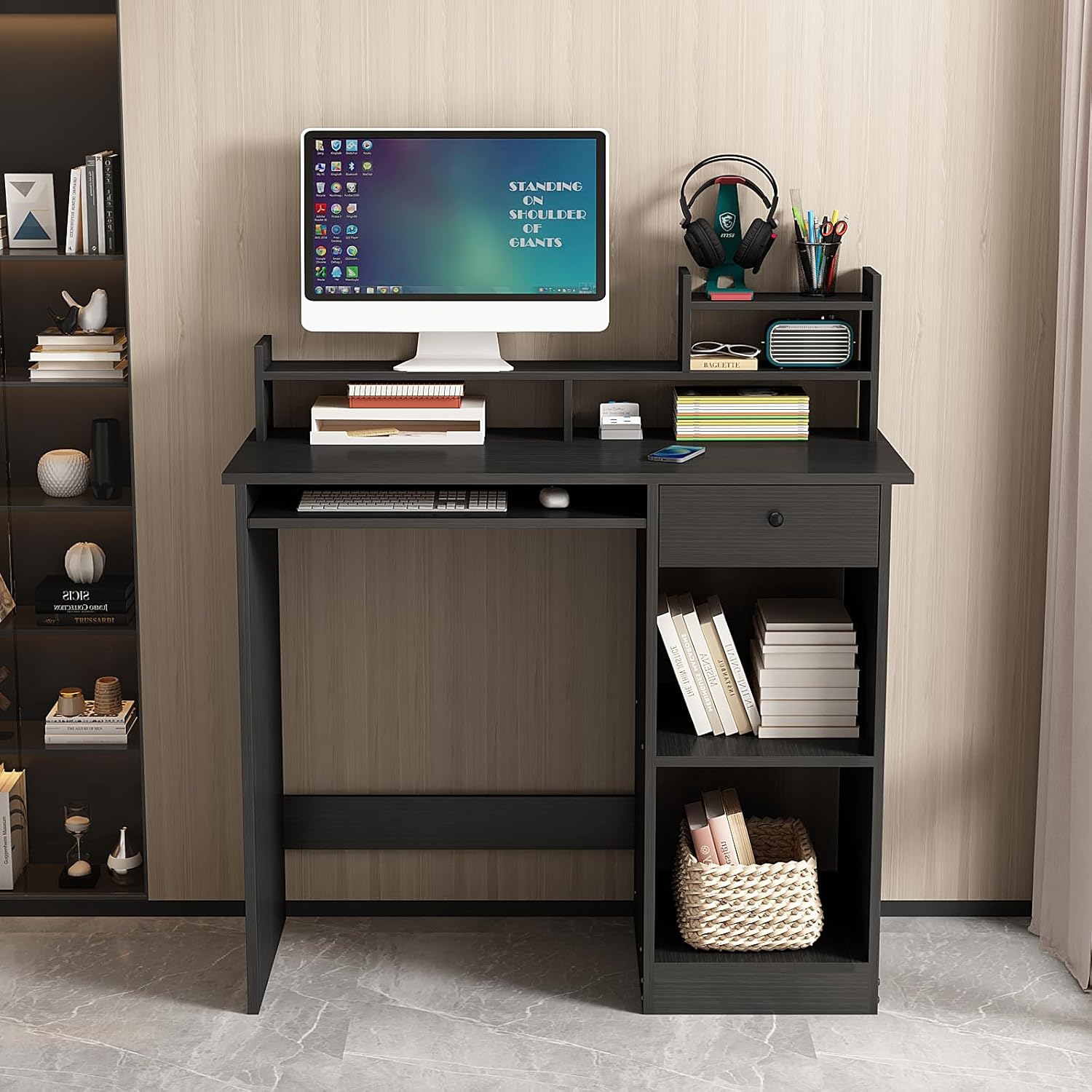 ALISENED Escritorio para computadora con cajón y bandeja para teclado, escritorio de estudio de 39.3 pulgadas con gabinete de escritorio y estantes