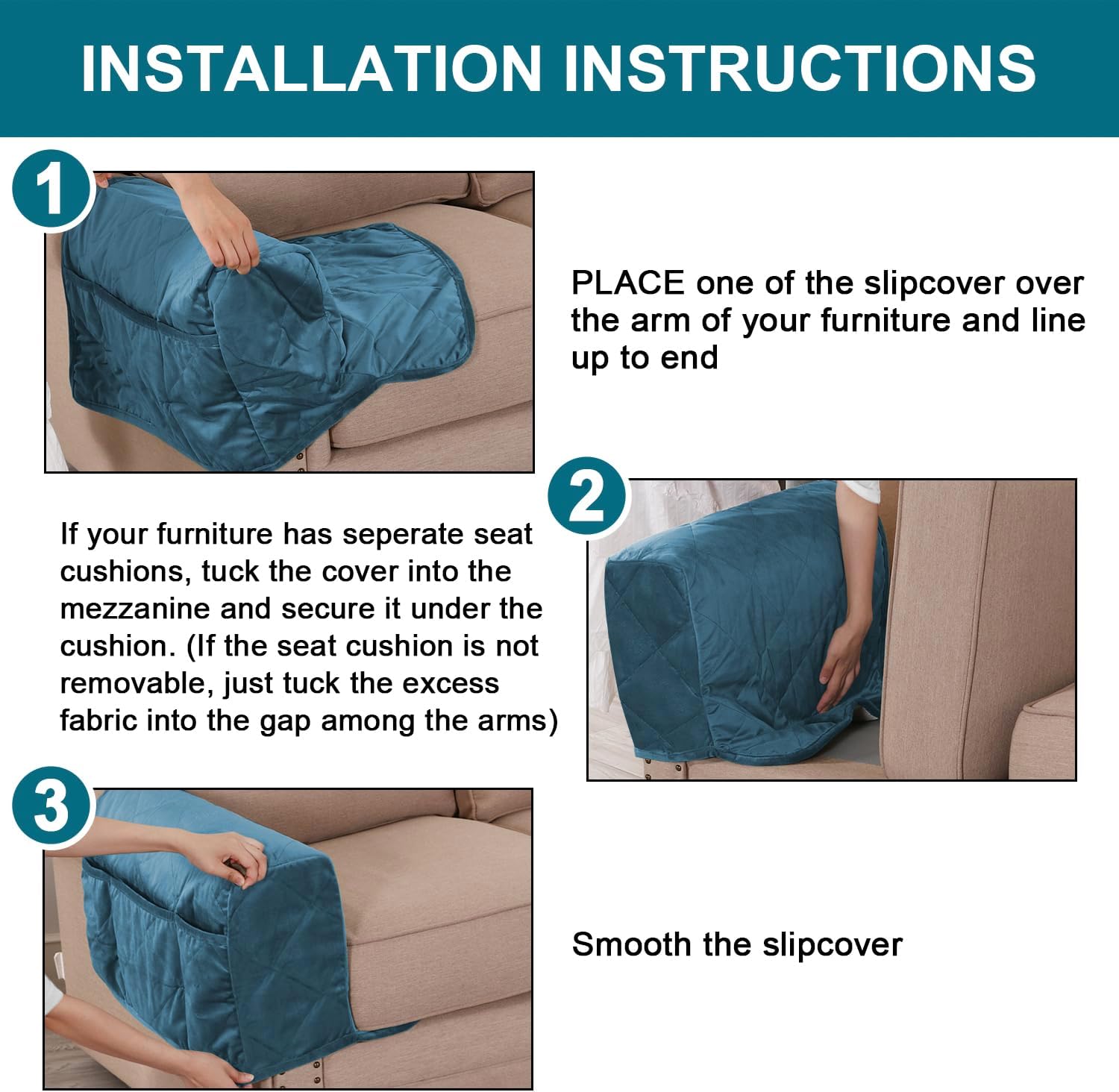Turquoize Fundas de terciopelo para reposabrazos para sillas y sofás, fundas para reposabrazos de sofá reclinable con bolsillo lateral, fundas