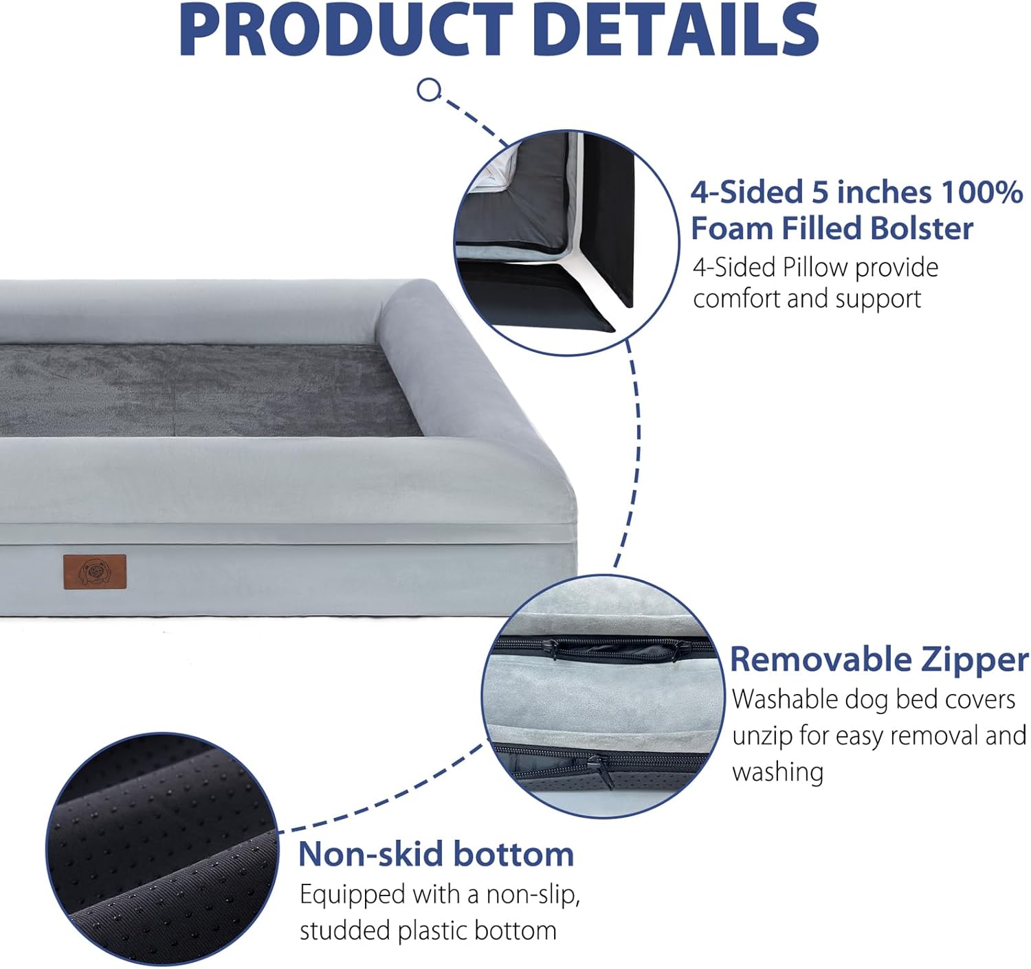 Camas para perros extra grandes, cama refrescante gris para perros, cama ortopédica lavable con cojines extraíbles y cubierta, cama impermeable de