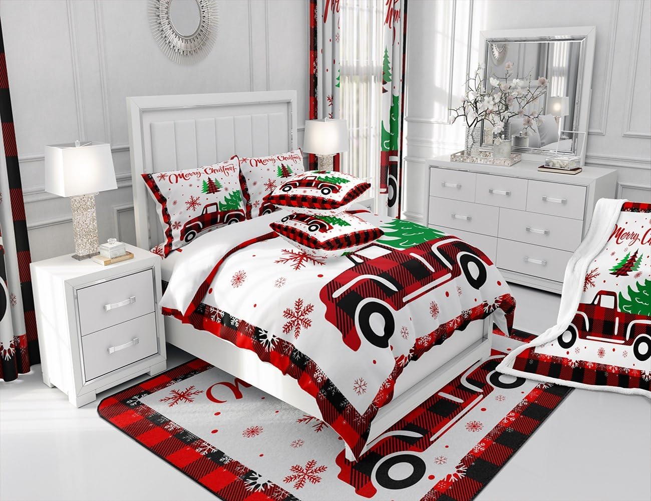 Juego de funda de edredón de algodón de Navidad, juego de edredón de automóvil con cuadrícula de Navidad para niños, niñas, adolescentes, decoración