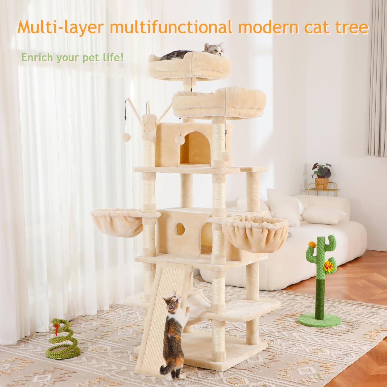 KZLAA Árbol grande para gatos de 69 pulgadas de alto, torre resistente para gatos de varios niveles, soporte de escalada para gatos de interior con