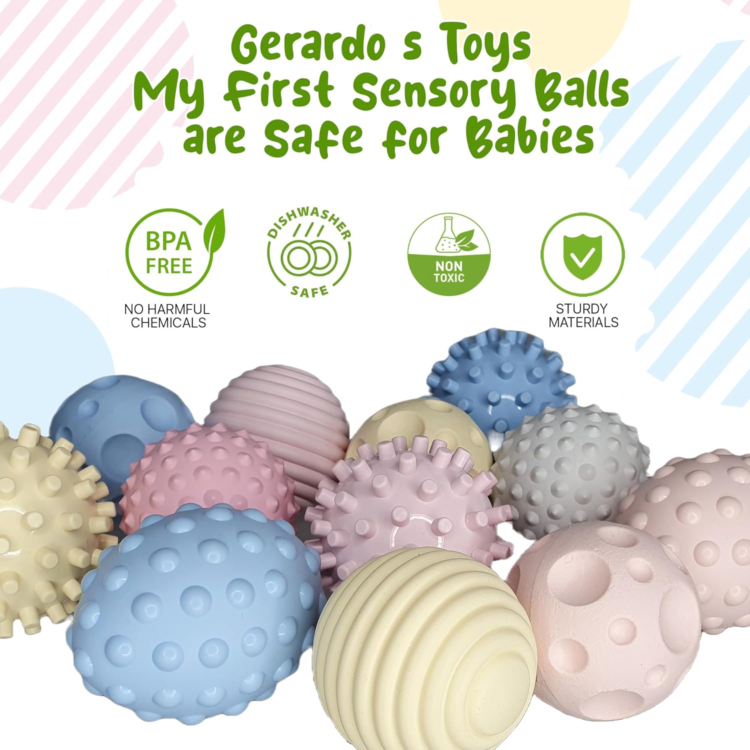 GERARDO’S Toys My First Sensory – Juego de 4 bolas sensoriales con bolsa de lino, formas de superficie suave, texturizada, sensaciones táctiles,